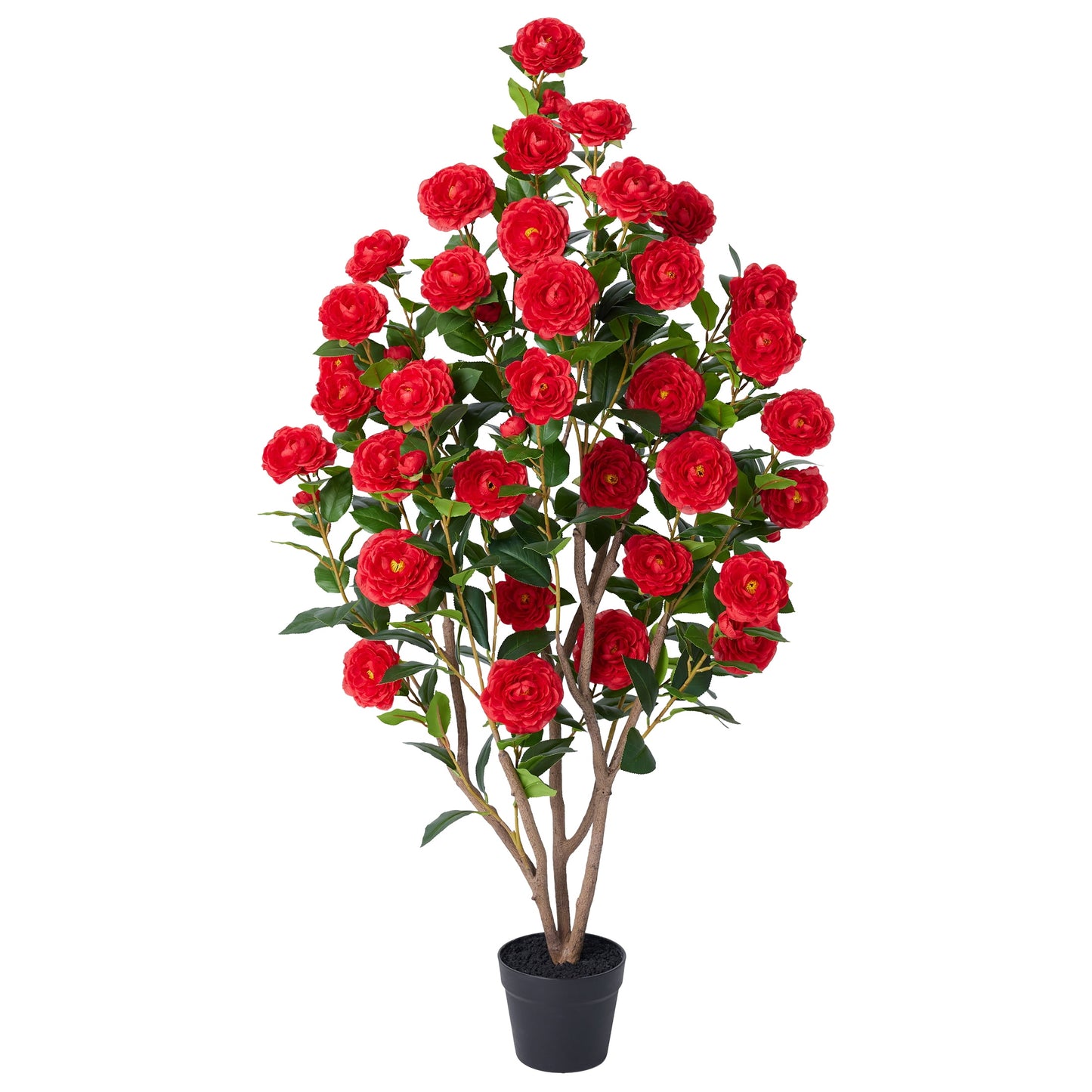 Artificial Camellia Tree 4FT Tall Faux Camellia Plant UV Resistant Fake Flowering Tree Potted ¨C 48 Blooming Red Flowers & 348 Silk Leaves, Artificial Plant Indoor Outdoor Decor for Living Room Porch