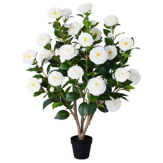 Artificial Camellia Tree 3FT in Pot ¨C 27 Blooming White Flowers & 252 Leaves UV Resistant Faux Camellia Plant for Indoor Outdoor Decor, Front Door Porch Patio Living Room Office