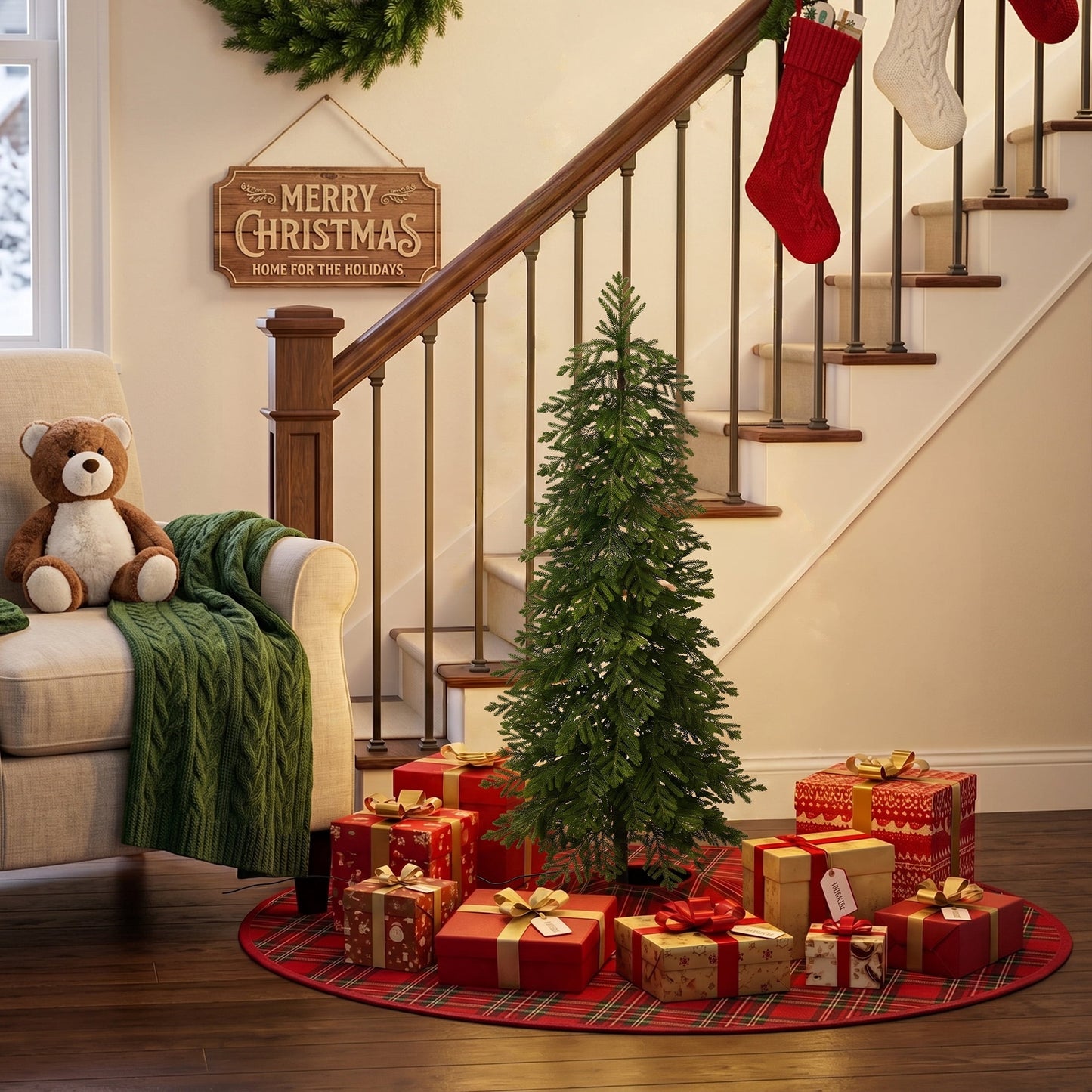 DR.Planzen 4ft Pre-Lit Artificial Norfolk Pine Tree with Metal Stand, 100 Warm White LED Lights, 2-Piece Assembly Faux Tree in Coffee Pot for Indoor Home & Office Decor
