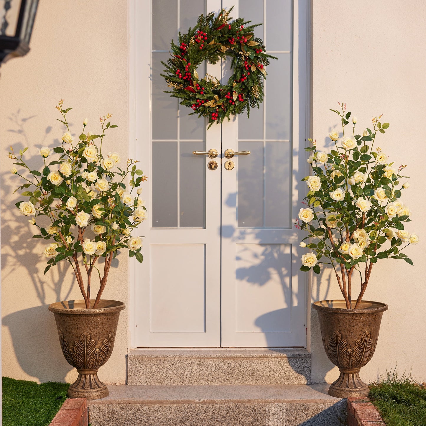 DR.Planzen 2 Pack 4ft Artificial Yellow Rose Tree with Green Leaves, Lifelike Faux Rose Flower Tree for Home Decor Indoor Outdoor, Living Room Office Decoration