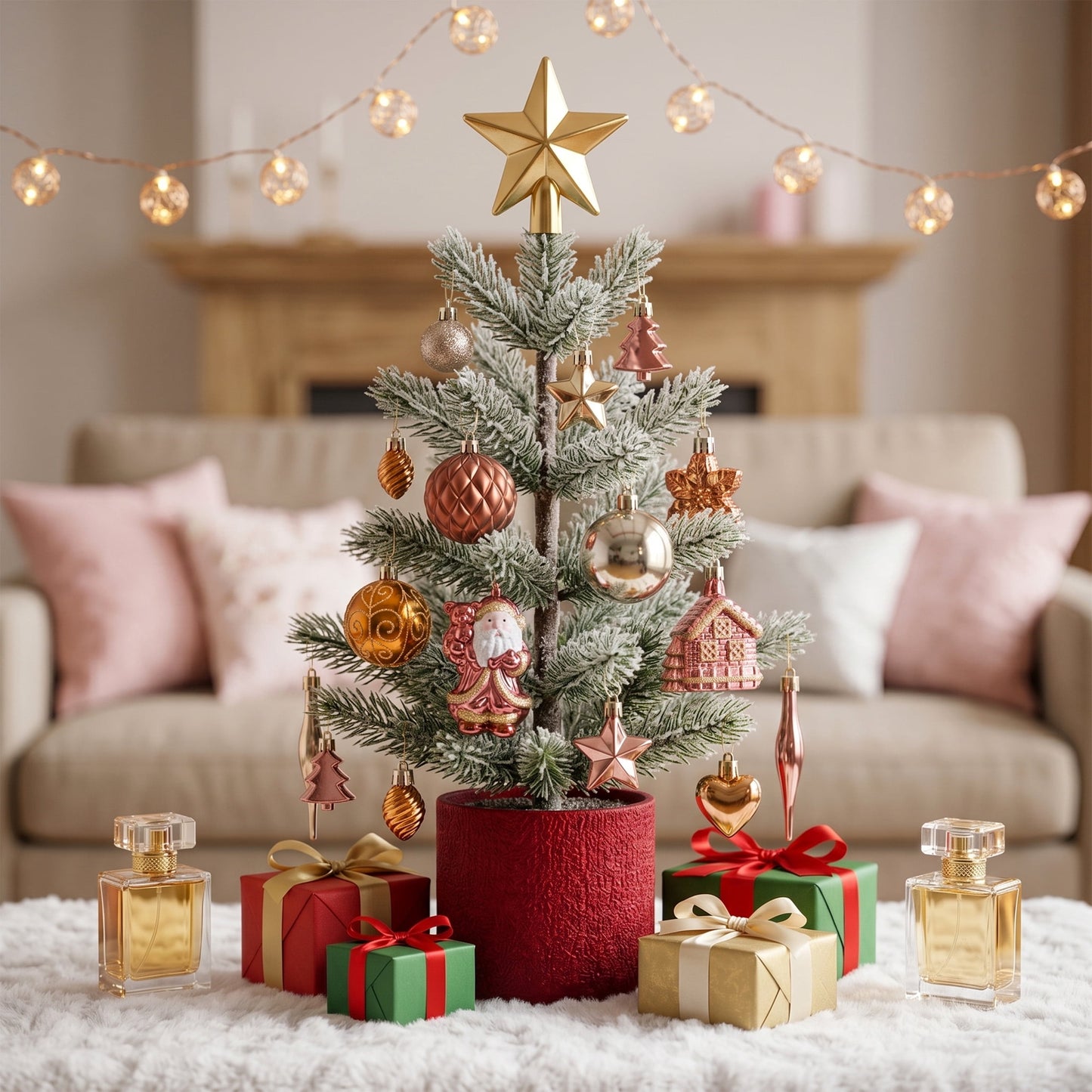 DR.Planzen 44ct Brown Gold & White Christmas Ornaments Set, Assorted 2.36" & 1.18" Embossed Glazed Holiday Balls with Trees & Hearts, Indoor Rustic Decor