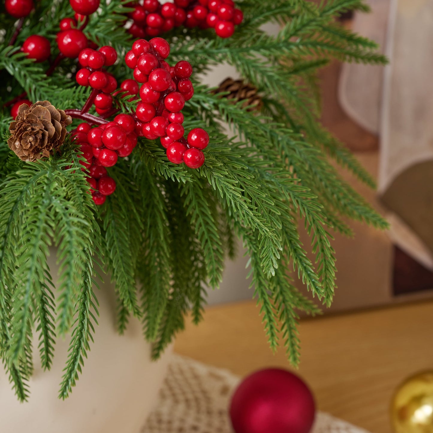 DR.Planzen 22" Red Berry & Pinecone Artificial Christmas Plant in Decorative Pot, Realistic Norfolk Pine Centerpiece with 300 PE Leaves, Indoor Holiday Tabletop Decor