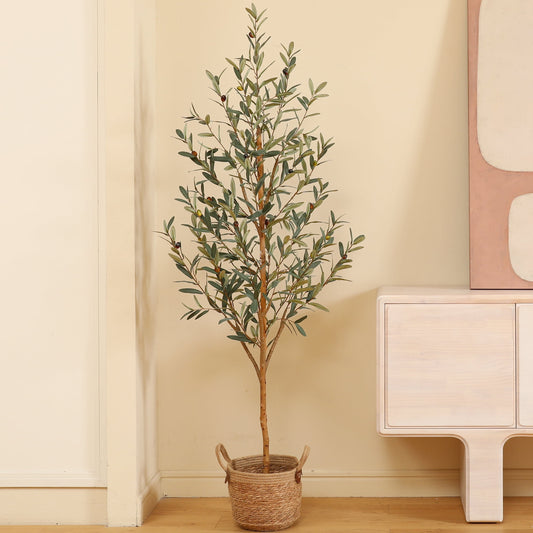 6 ft Artificial Olive Plants with Realistic Leaves and Natural Trunk, Silk Fake Potted Tree with Wood Branches and Fruits, Faux Olive Tree for Office Home Decor