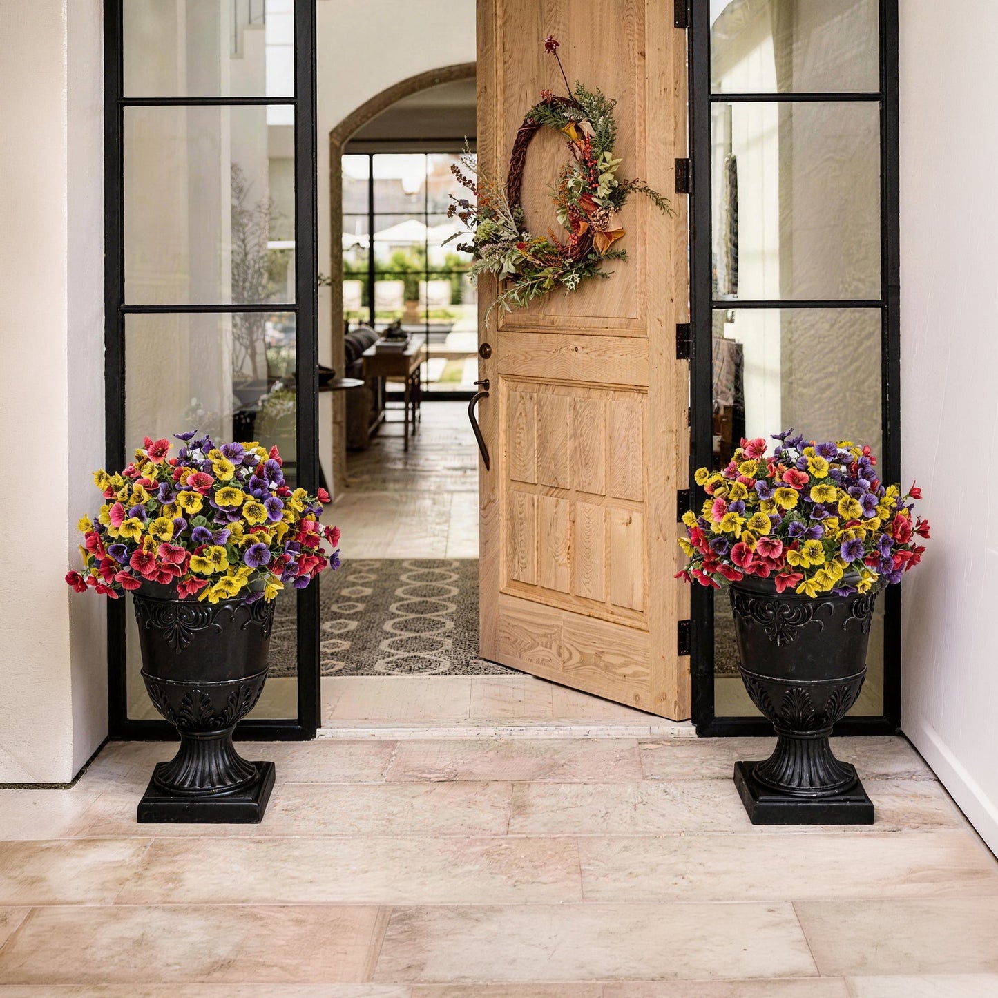 DR.Planzen 2Pack Artificial Pansy in Charming Urn Planter Set, 24.8 Inch Tall Lifelike Faux Flowers, Pre-Potted with Tray for Indoor Home and Patio Decor