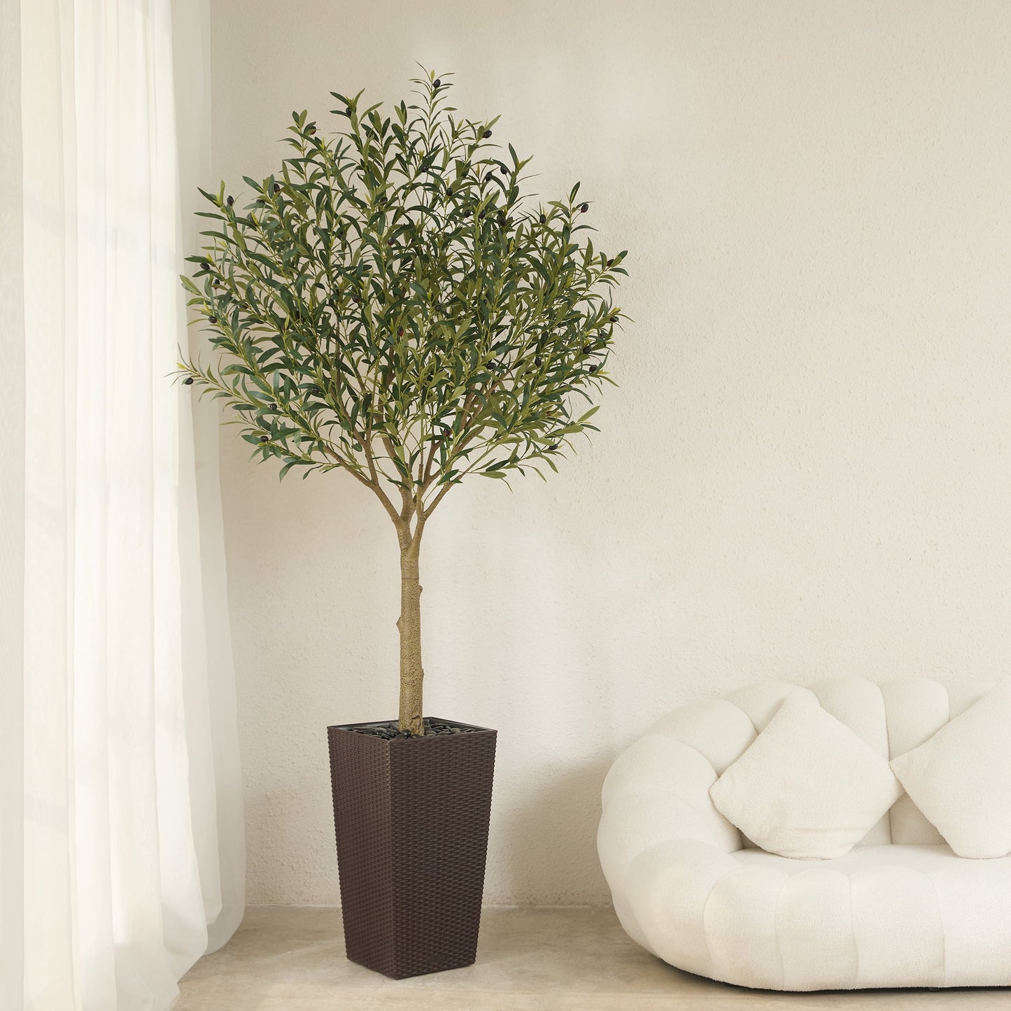 DR.Planzen UV Resistant 7ft Artificial Olive Tree in Brown Large Planter with Pebbles¨C Faux Olive Tree for Indoor and Outdoor Decor, Lifelike Greenery for Home & Garden Decor