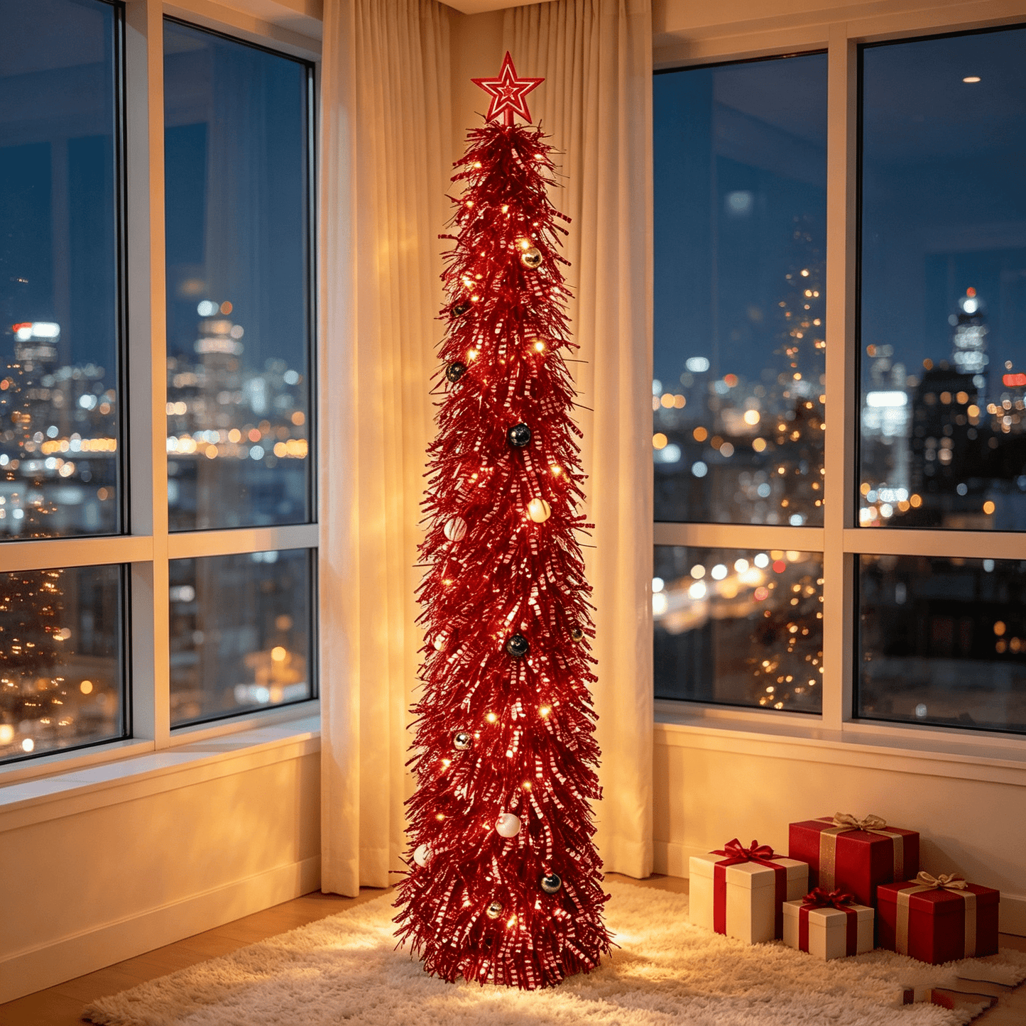 DR.Planzen 5ft Pop Up Christmas Tinsel Tree, Pre Lit Slim Christmas Tree, Red Silver LED Pencil Tree with 50 Warm White Lights, Star Topper & Ornaments Set, Collapsible Holiday Decor