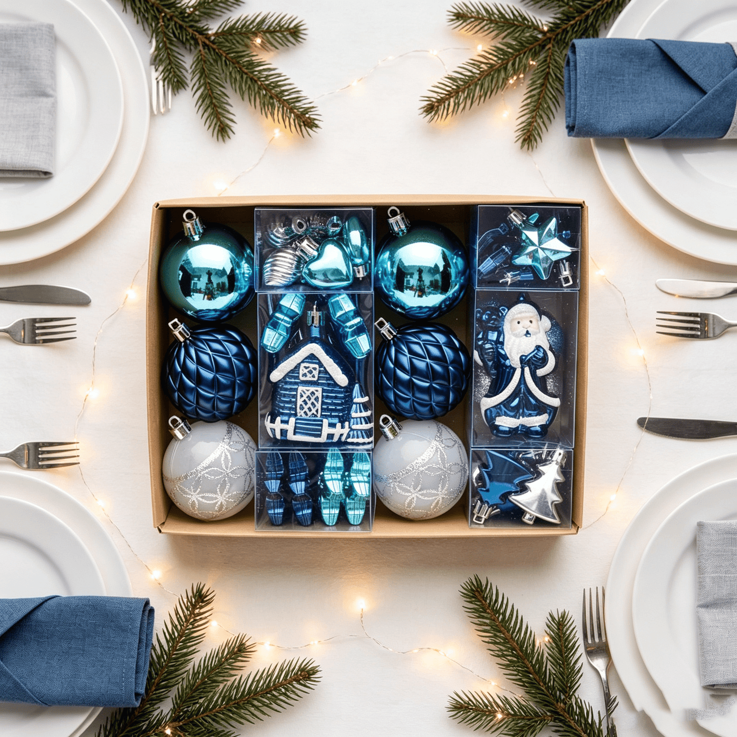 DR.Planzen 44ct Blue & White Christmas Ornaments Set, Assorted 2.36" & 1.18" Embossed Glazed Holiday Balls with Snowflakes & Stars, Indoor Winter Decor