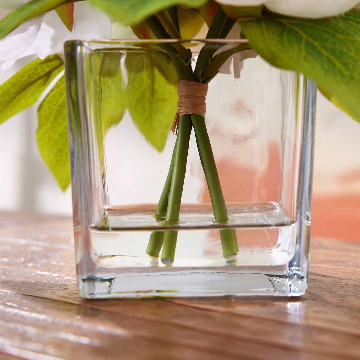 DR.Planzen 8.4in Artificial Peony Flowers, Fake Flowers with Vase, Faux Peony Flowers, White Artificial Flowers - Glass Vase Faux Water Arrangement - Table Centerpiece for Home Decor