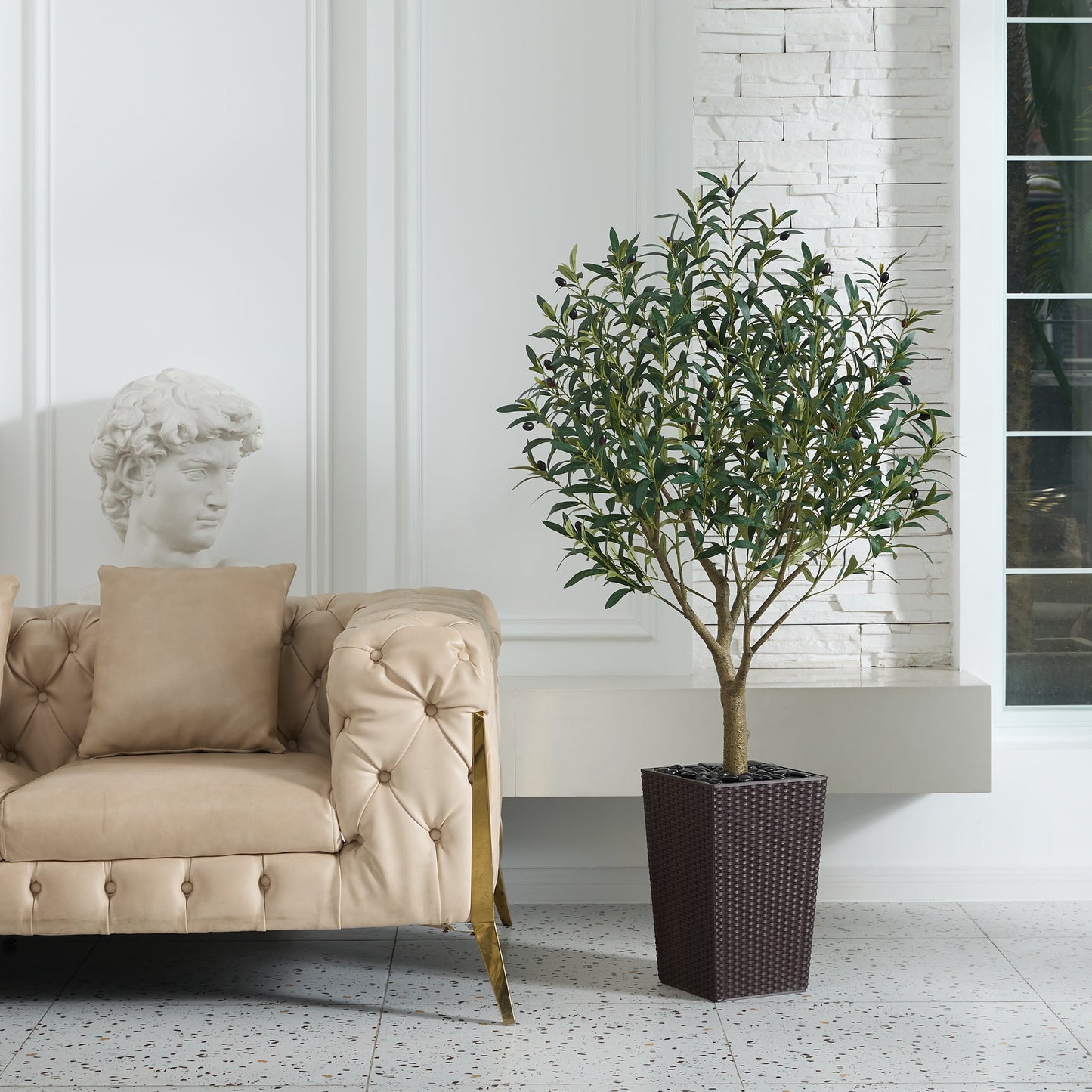 DR.Planzen UV Resistant 5ft Artificial Olive Tree in Brown Large Planter with Pebbles¨C Faux Olive Tree for Indoor and Outdoor Decor, Lifelike Greenery for Home & Garden Decor