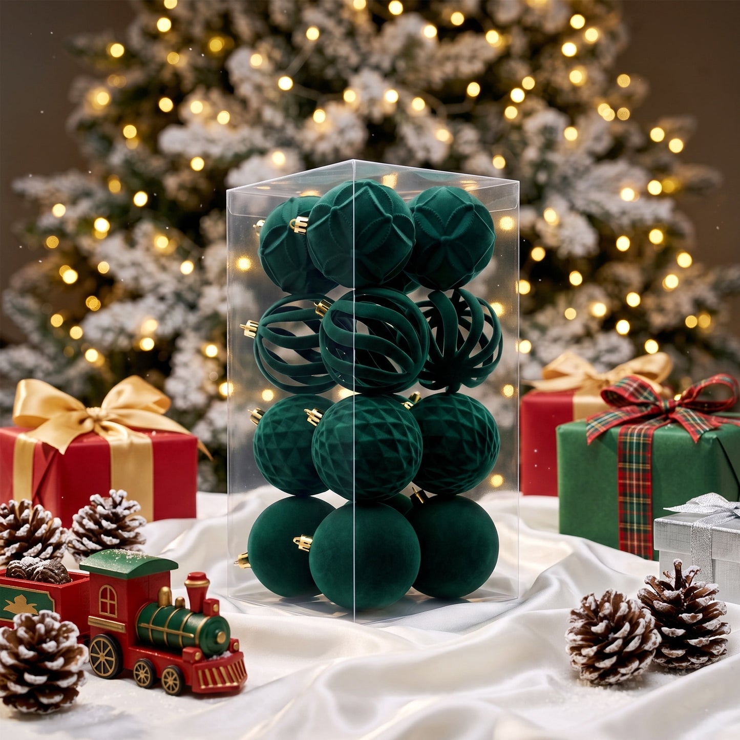 DR.Planzen 16ct 3.15" Dark Green Flocked Christmas Ornaments, Soft Velvet Foam Balls for Holiday Tree Decor, Shatterproof Indoor Xmas Decorations