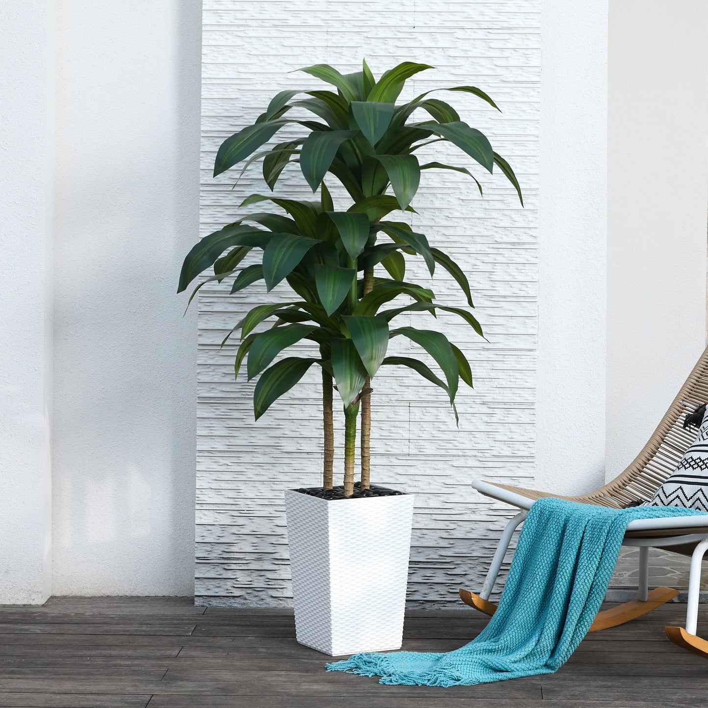 DR.Planzen Artificial Dracaena Tree 5ft - UV Protected Faux Dracaena Plant with 57 Green Leaves, Fake Tree for Indoor & Outdoor Use, Sturdy Tall Brown Planter with River Stones