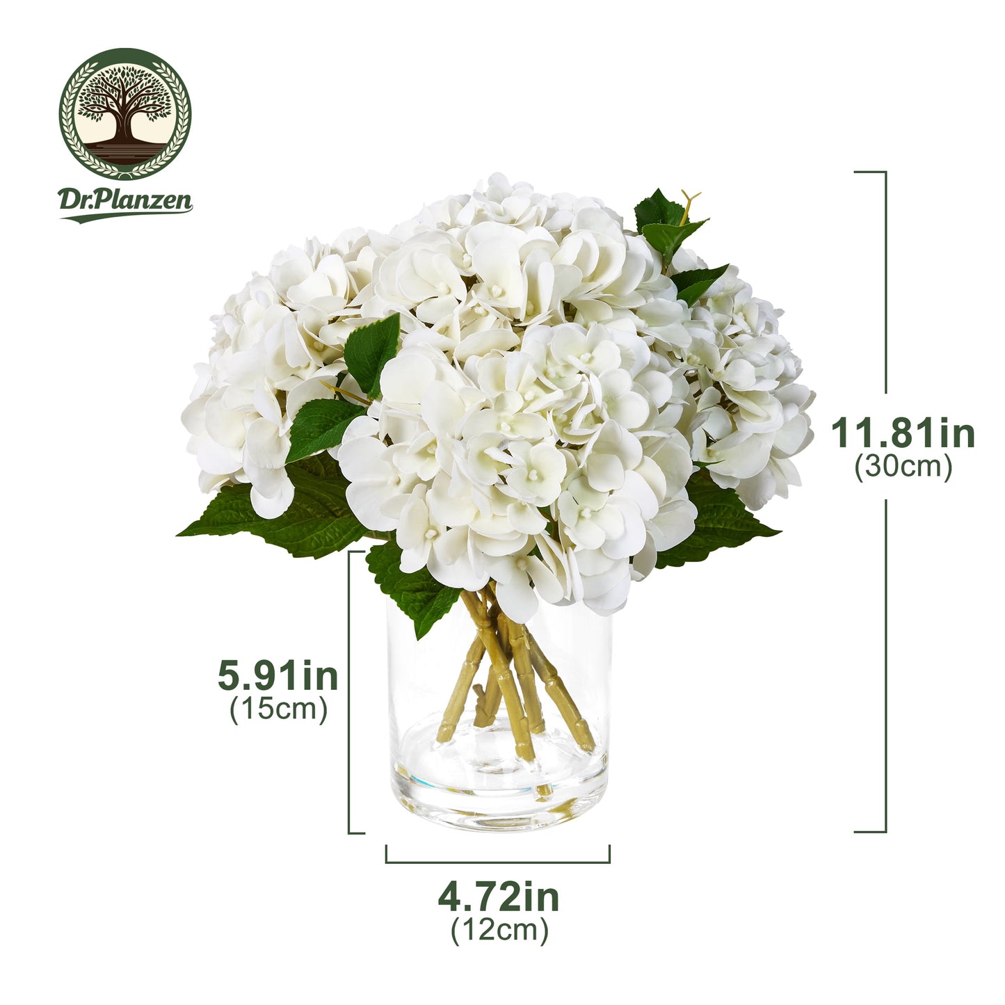 DR.Planzen Artificial Hydrangea in Vase with Faux Water, 12" Realistic White Silk Flowers, 5 Stems 40 Leaves 90 Florets, Ready-to-Use Tabletop Decor for Home Office