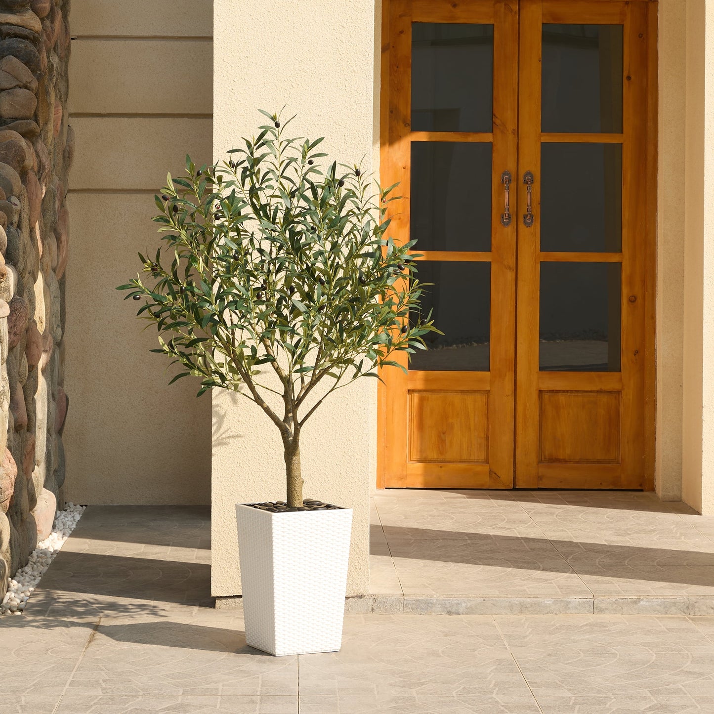 DR.Planzen UV Resistant 5ft Artificial Olive Tree in White Large Planter with Pebbles¨C Faux Olive Tree for Indoor and Outdoor Decor, Lifelike Greenery for Home & Garden Decor