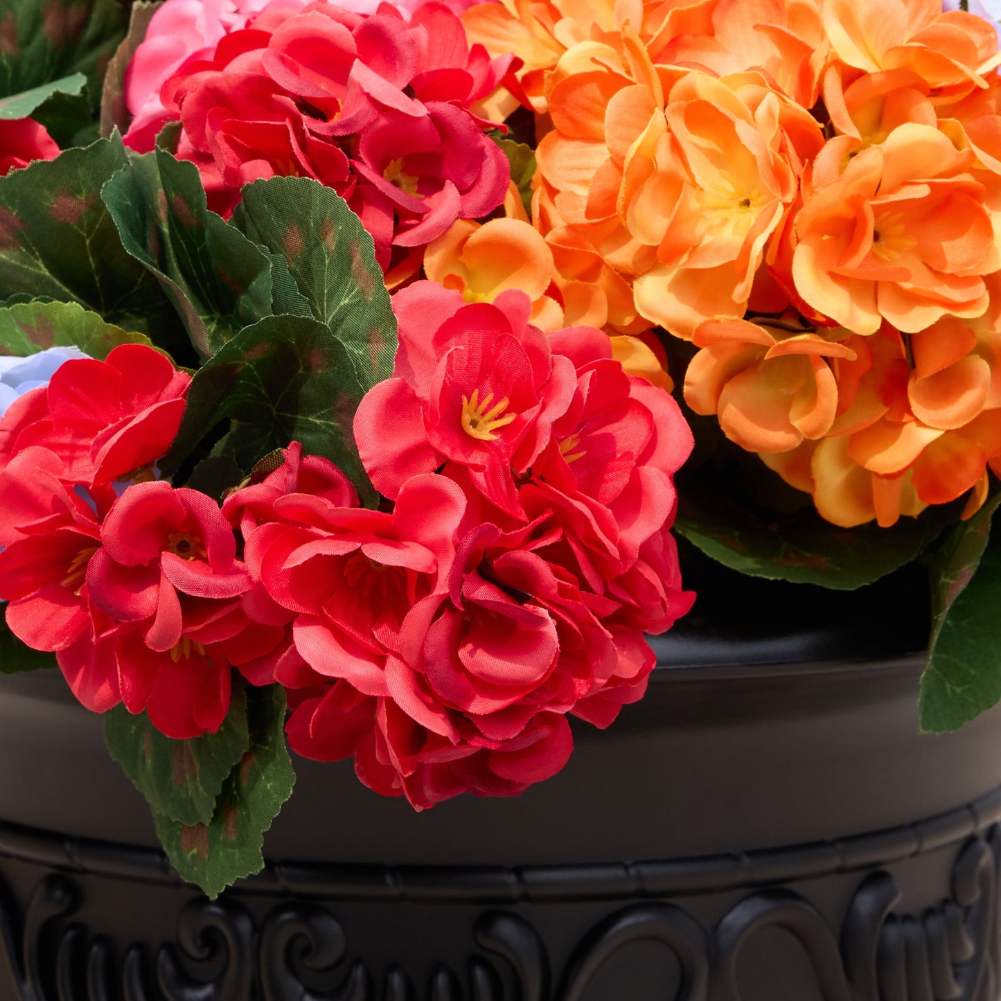 DR.Planzen 2Pack Artificial Geranium in Charming Urn Planter Set, 24.8 Inch Tall Lifelike Faux Flowers, Pre-Potted with Tray for Indoor Home and Patio Decor