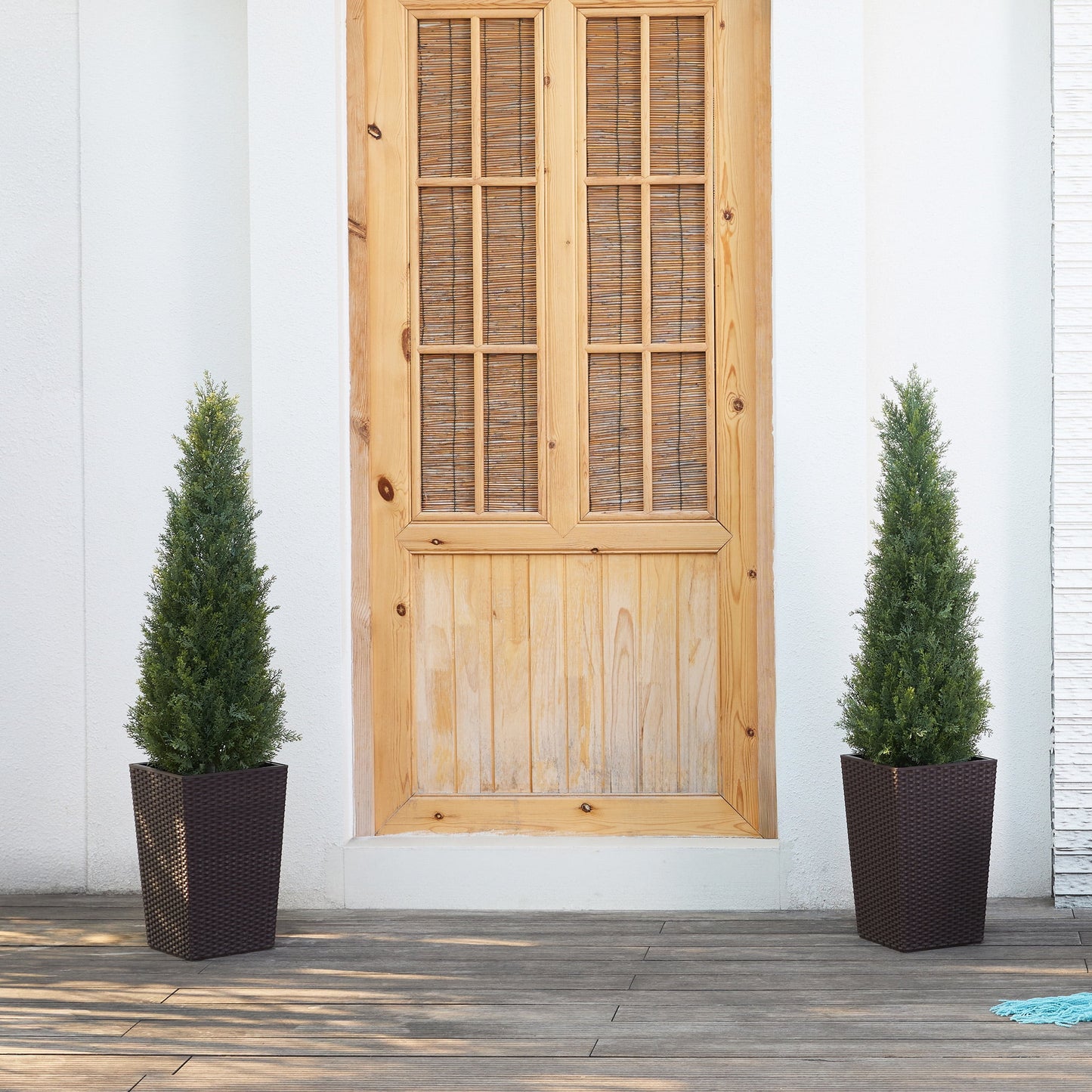DR.Planzen 4ft Artificial Cedar Topiary Tree with Brown Planter - UV Resistant Faux Cypress Tree for Porch Decor Fake Pine Tree for Perfect Housewarming Gift