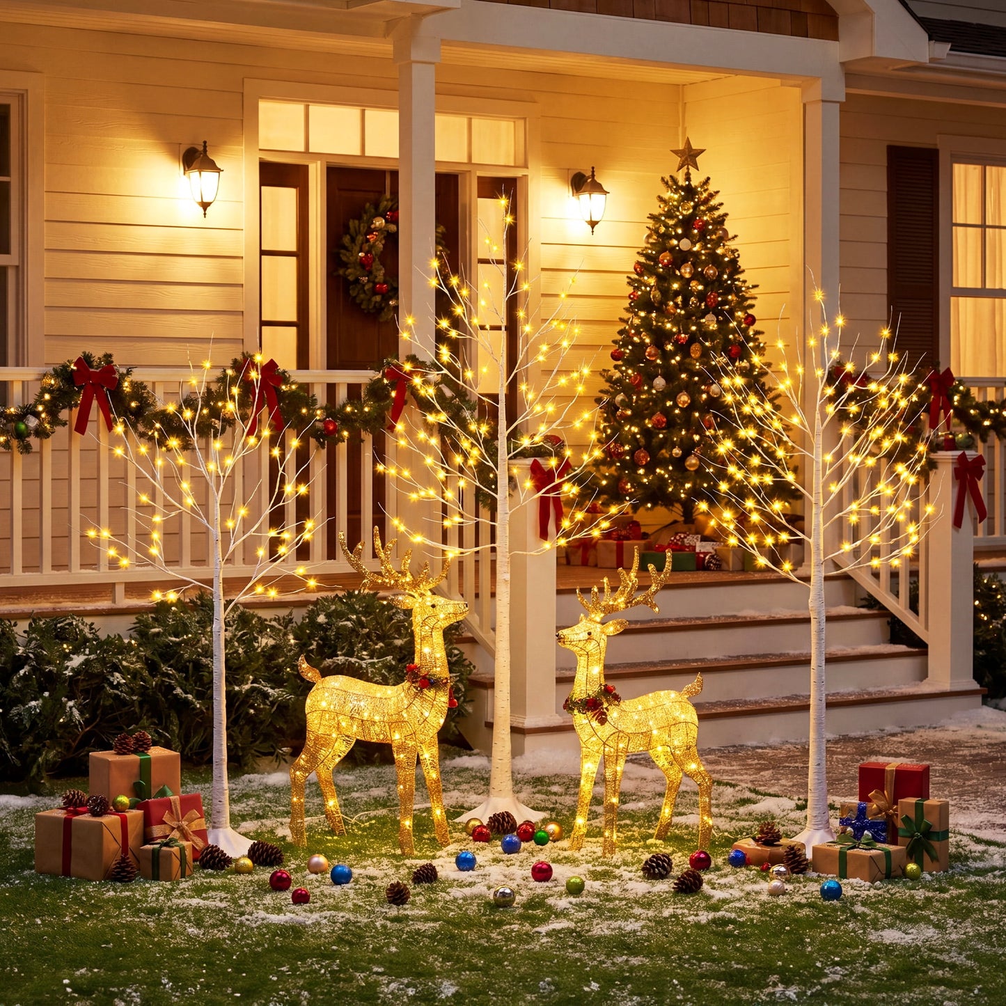 LED Birch Tree Light Set - 4ft, 5ft, 6ft Artificial Pre-lit Trees - with Plug-in Warm Lights - Indoor Outdoor Christmas Holiday Wedding Decor for Home Party (3-Pack)