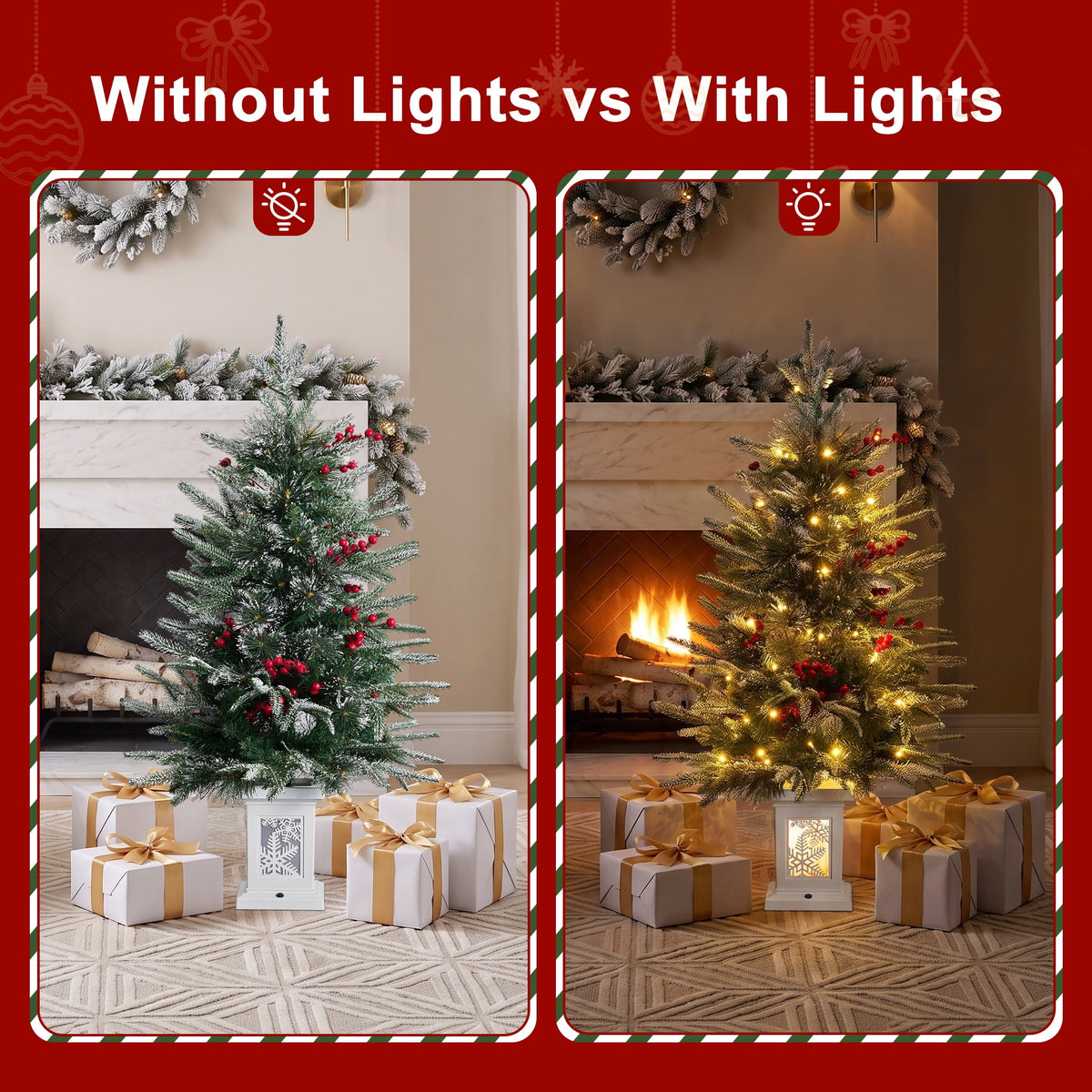 DR.Planzen 3 FT Pre-Lit Christmas Trees, 78 Warm White LEDs Each, 8 Light Modes & Timer, Artificial Trees with Lighted White Pedestal Bases, 2 PCS