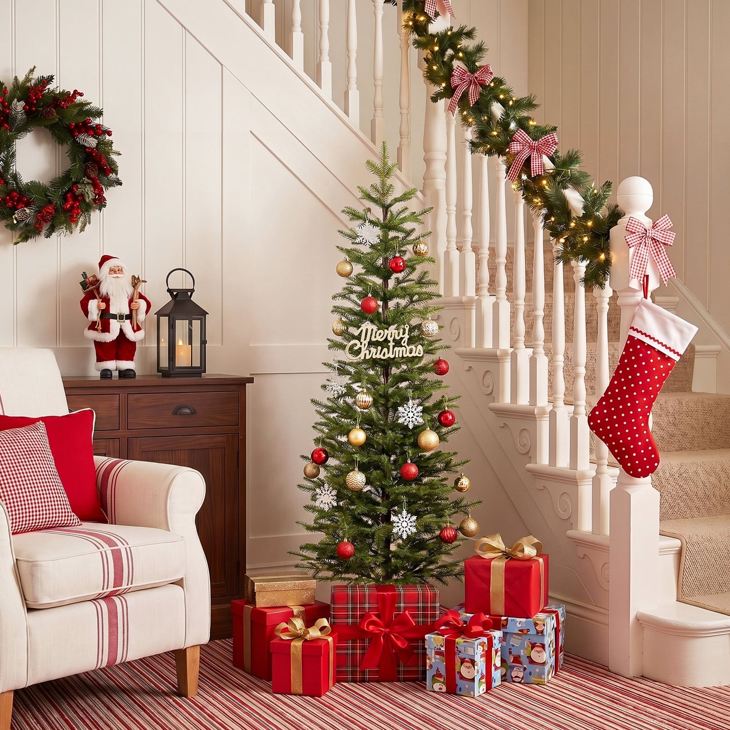 DR.Planzen 5ft Prelit Pencil Christmas Tree with 120 Warm White LED Lights, 1104 PE Branch Tips, Iron Base, Slim Artificial Christmas Tree for Apartment, Entryway, Corner, Office