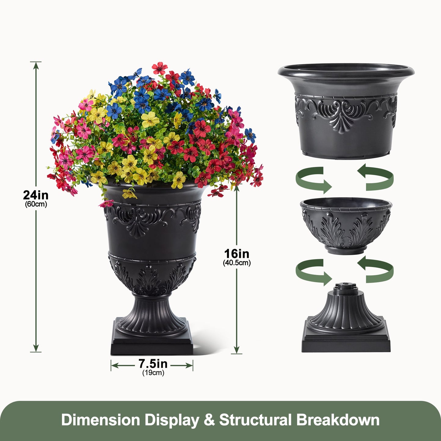 DR.Planzen 2Pack Artificial Lobelia in Charming Urn Planter Set, 23.6 Inch Tall Lifelike Faux Flowers, Pre-Potted with Tray for Indoor Home and Patio Decor