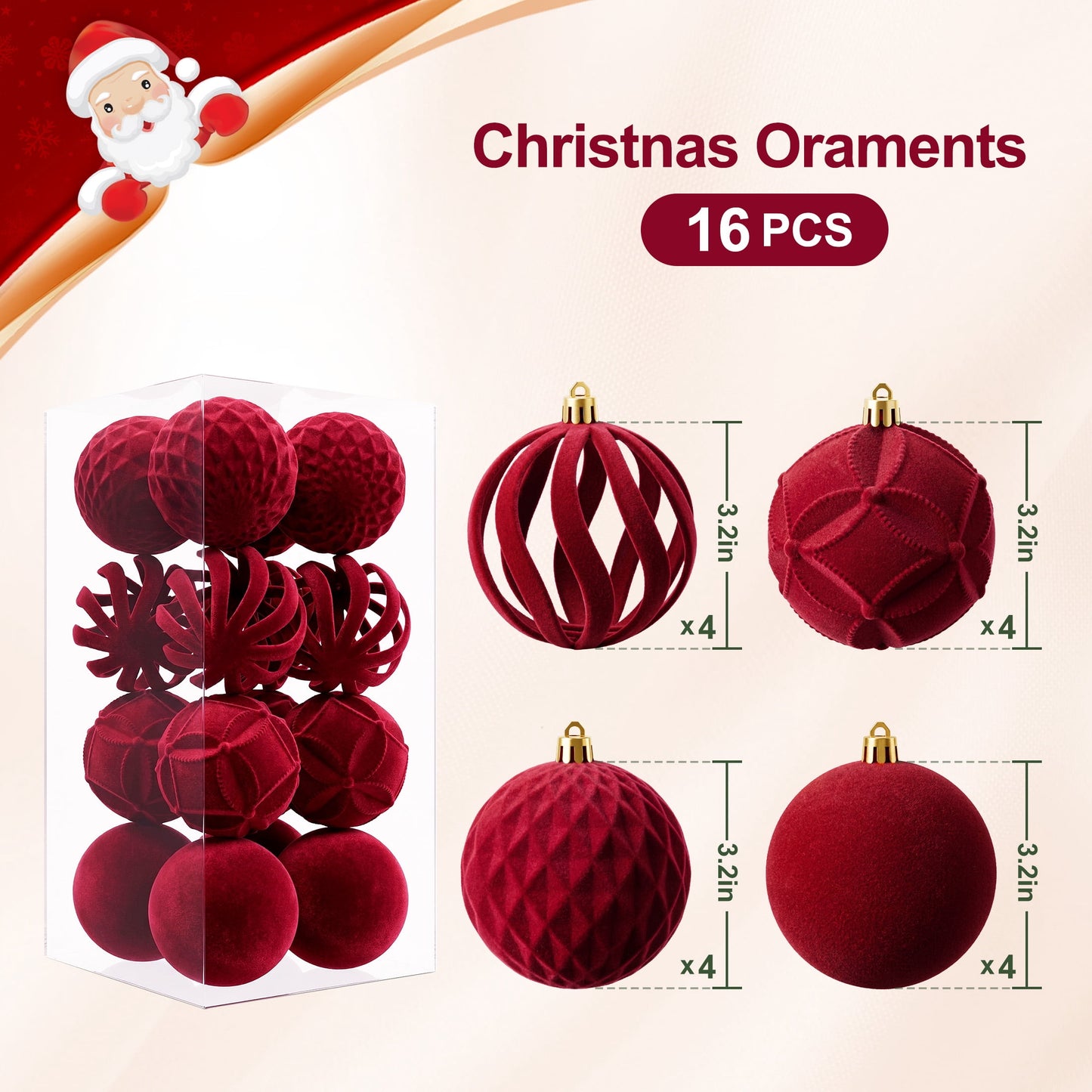 DR.Planzen 16ct 3.15" Burgundy Red Flocked Christmas Ornaments, Soft Velvet Foam Balls for Holiday Tree Decor, Non-Tarnish Indoor Xmas Decorations