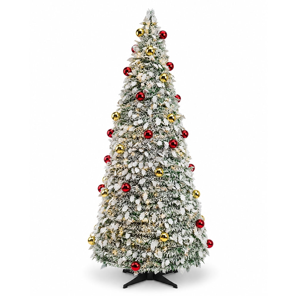 6 ft Flocked Christmas Tree with Lights - Artificial Christmas Tree, Foldable Snow Christmas Tree, Prelit Xmas Tree with Ornaments and Plastic Stand for Indoor Holiday Decorations