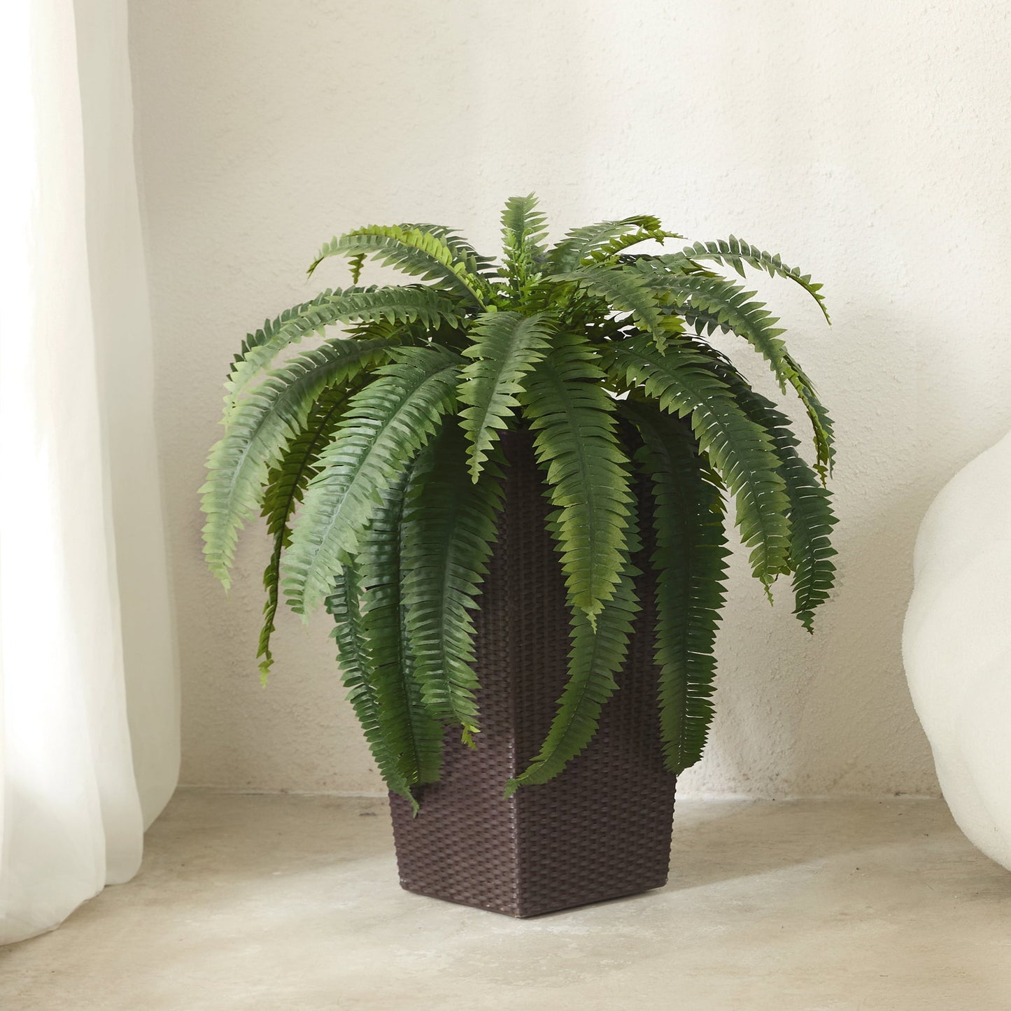 DR.Planzen Artificial Boston Fern Bush Plant with Brown Tapered Planter - UV Resistant Faux Ferns with 39 Leaves