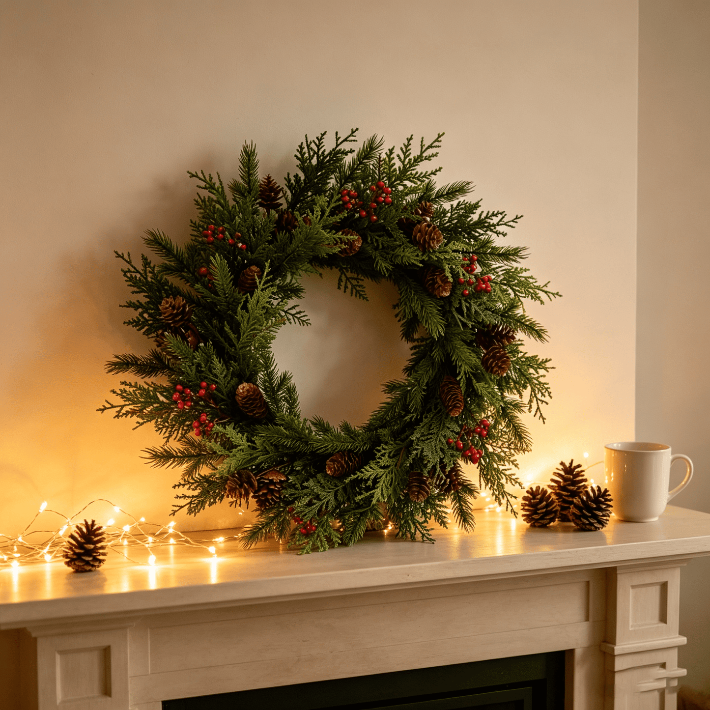 DR.Planzen 26" Artificial Pine & Berry Centerpiece in Brown Ring Base, Realistic PE Foliage with Red Berries & Pine Cones for Indoor Tabletop Holiday Decor