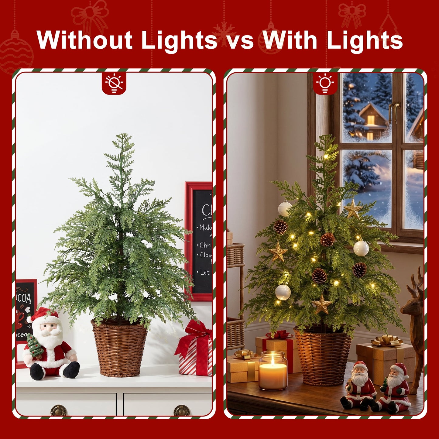 DR.Planzen 24" Pre-Lit Green Cypress Artificial Christmas Tree with 30 Warm White LED Lights, Mini Tabletop Xmas Tree in Woven Basket Base, Indoor Holiday Decoration