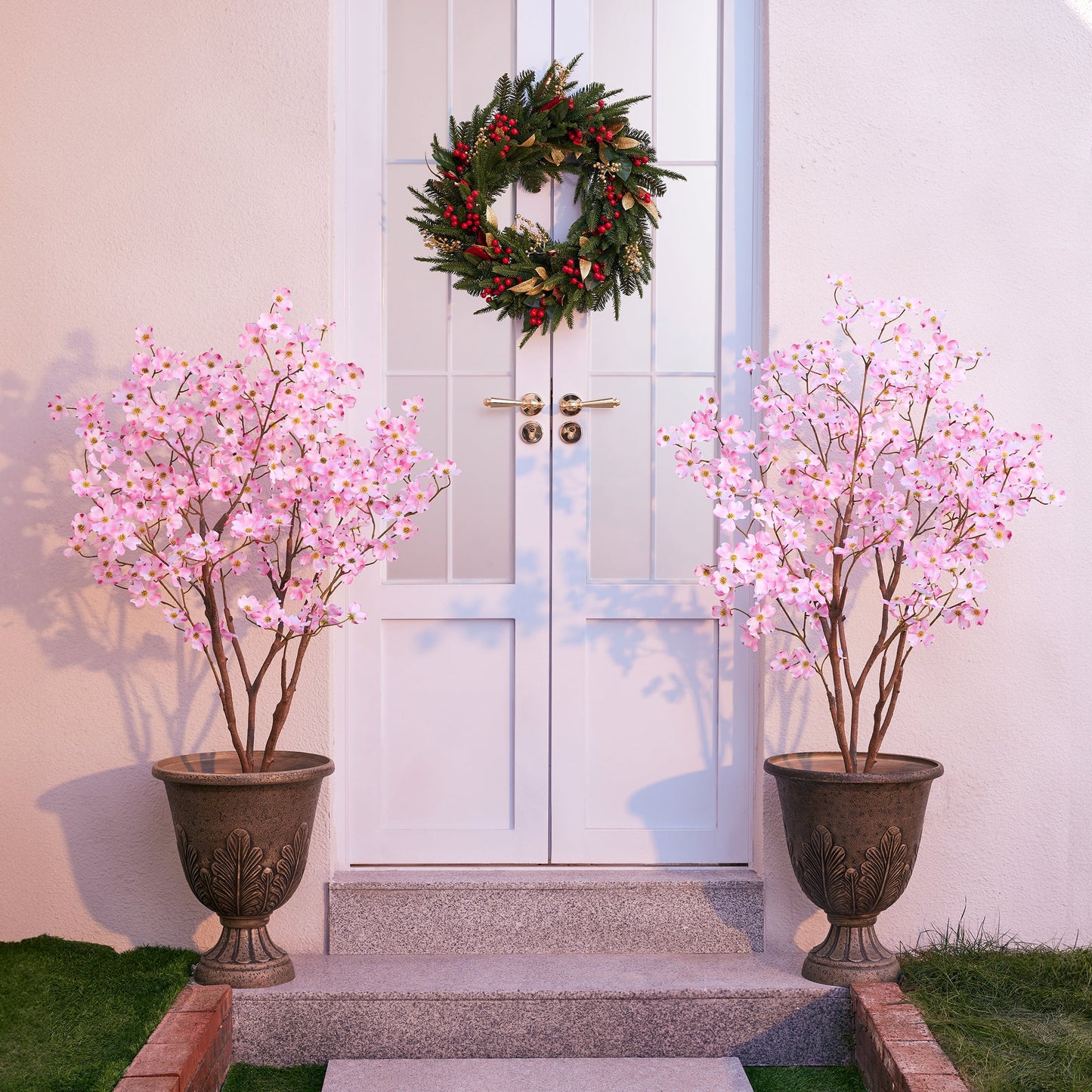 DR.Planzen 2 Pack 4ft Pink Artificial Dogwood Tree, Lifelike Faux Dogwood Flower Tree with Green Leaves for Home Decor Indoor Outdoor, Spring Decoration for Living Room Office