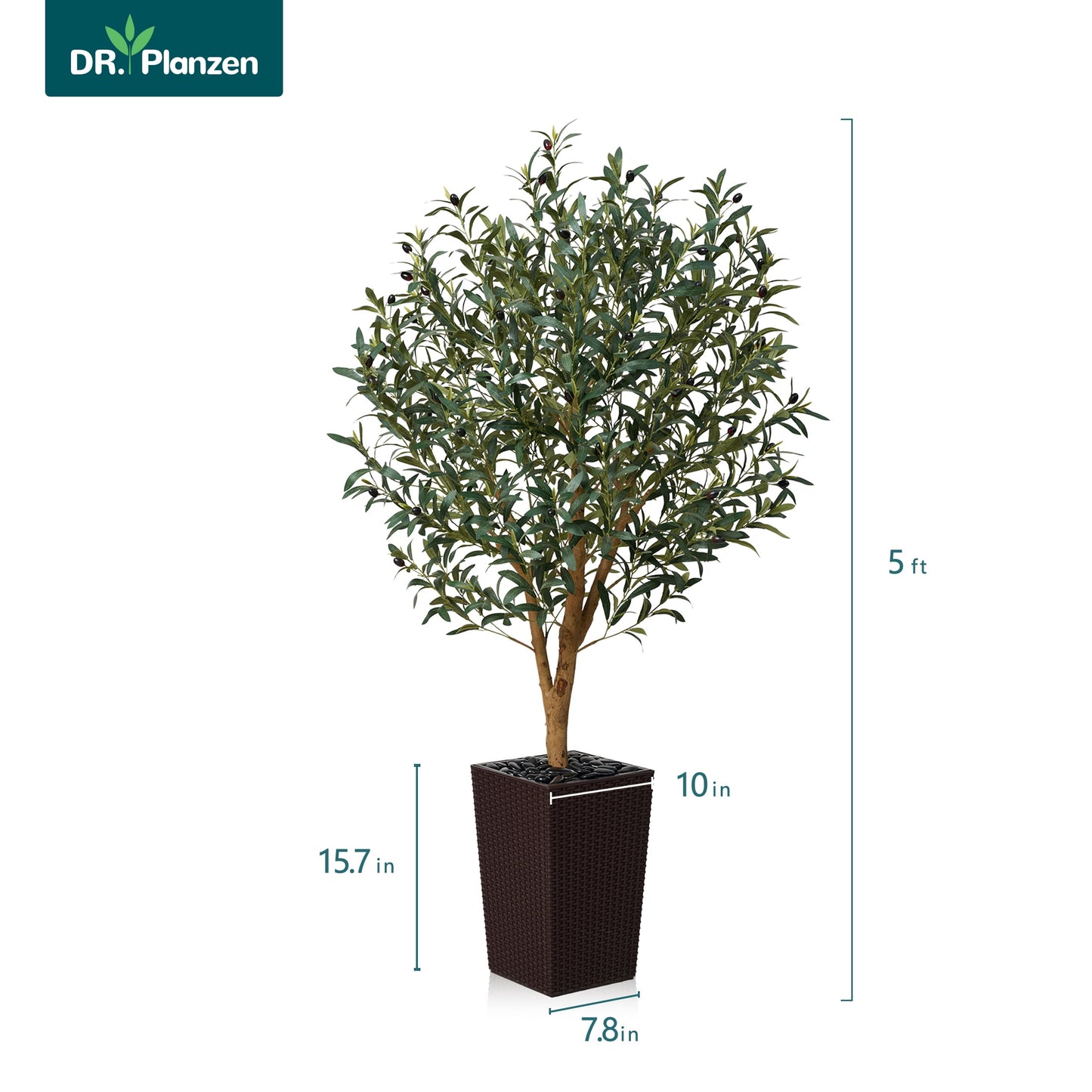 DR.Planzen UV Resistant 5ft Artificial Olive Tree with Natural Wood Branches and Realistic Silk Leaves,Faux Olive Tree for Indoor and Outdoor Decor - Brown Large Planter with Pebbles