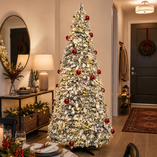 6 ft Flocked Christmas Tree with Lights - Artificial Christmas Tree, Foldable Snow Christmas Tree, Prelit Xmas Tree with Ornaments and Plastic Stand for Indoor Holiday Decorations