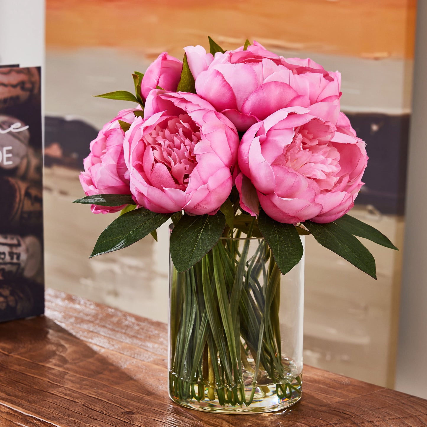 DR.Planzen Peach-Red Artificial Peony Plant in Vase, 9 Bloom & 82 Leaves Silk Flower Arrangement with Faux Water, 12¡± Home Office Table Decor