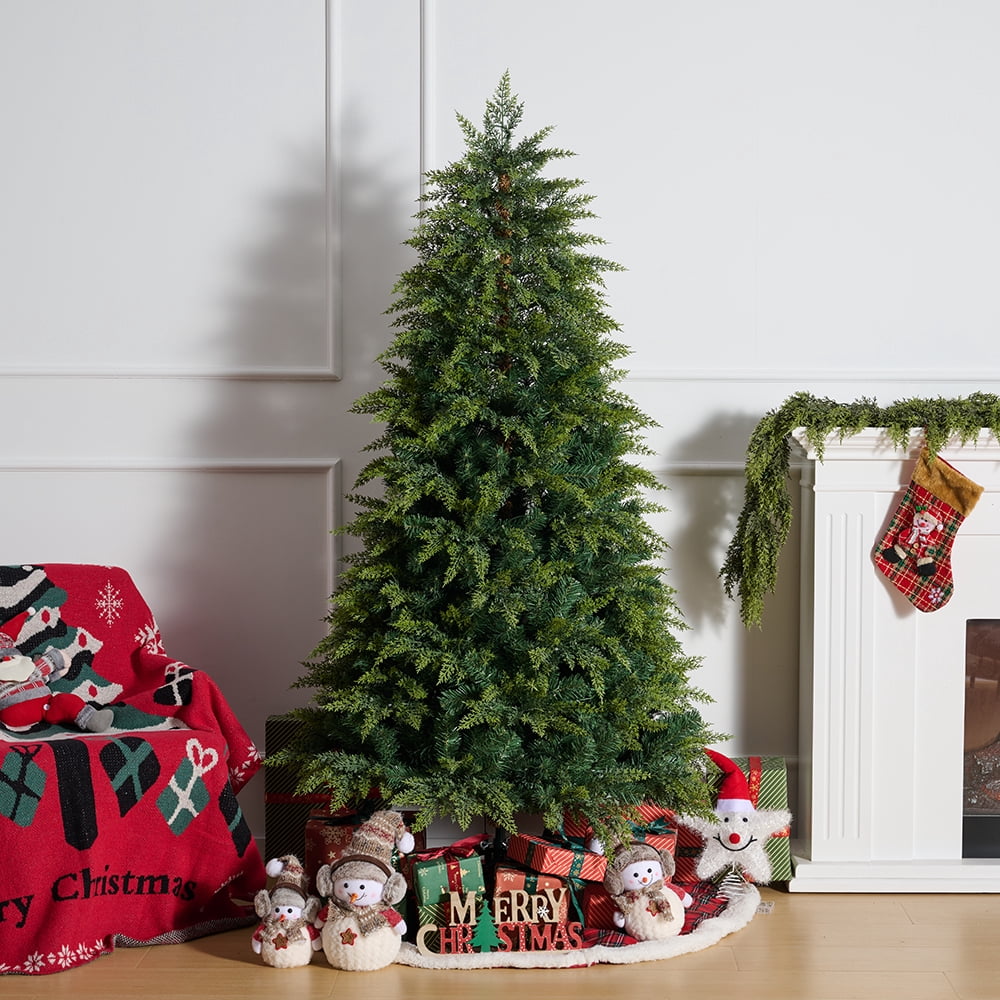 DR.Planzen 6FT Pre Lit Cedar Christmas Tree - Realistic PE PVC Branches, 350 Warm White LED Lights, Artificial Christmas Tree with Sturdy Iron Stand for Living Room Holiday Decor