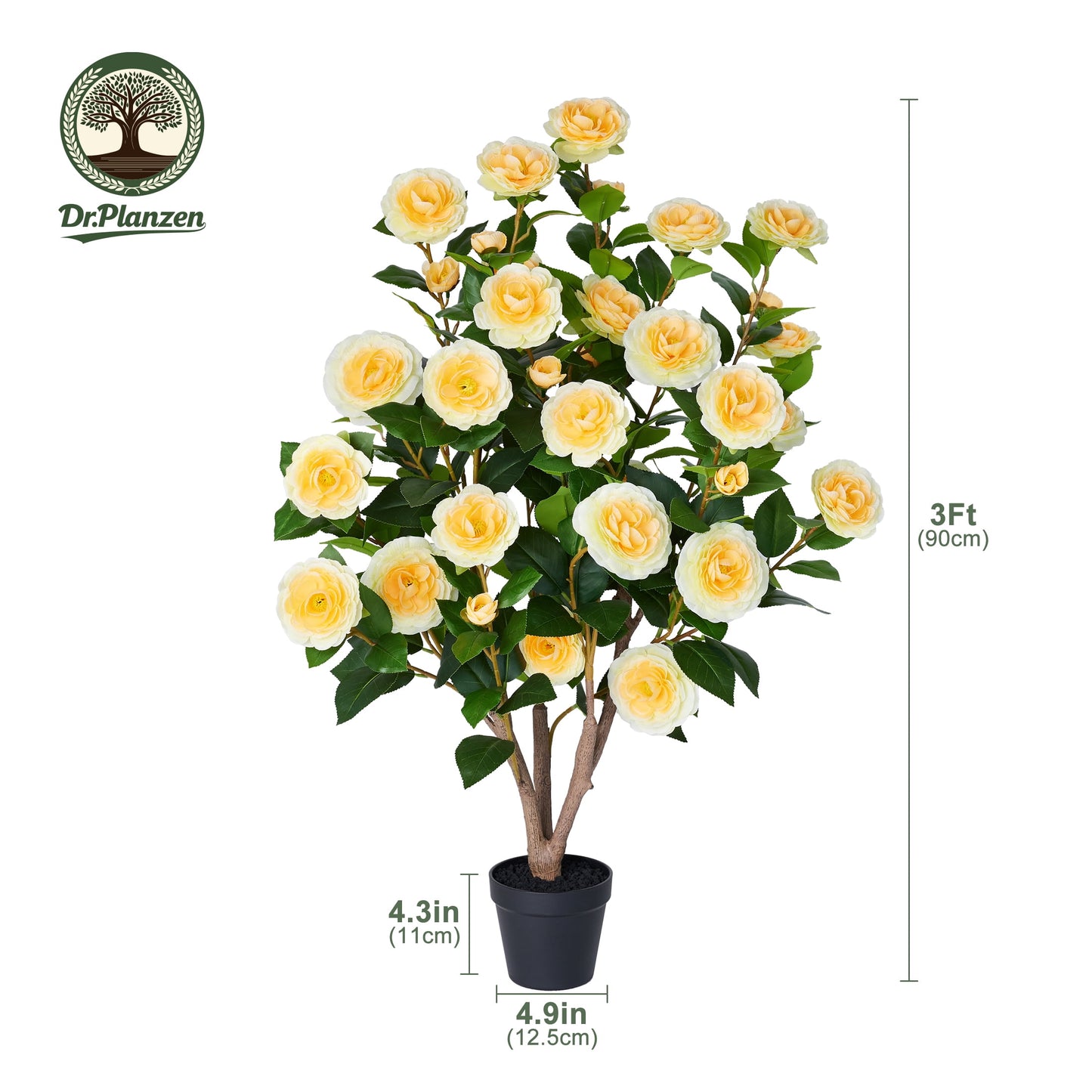2 Pack Artificial Camellia Tree 3FT in Pot ¨C 27 Blooming Yellow Flowers & 252 Leaves UV Resistant Faux Camellia Plant for Indoor Outdoor Decor, Front Door Porch Patio Living Room Office