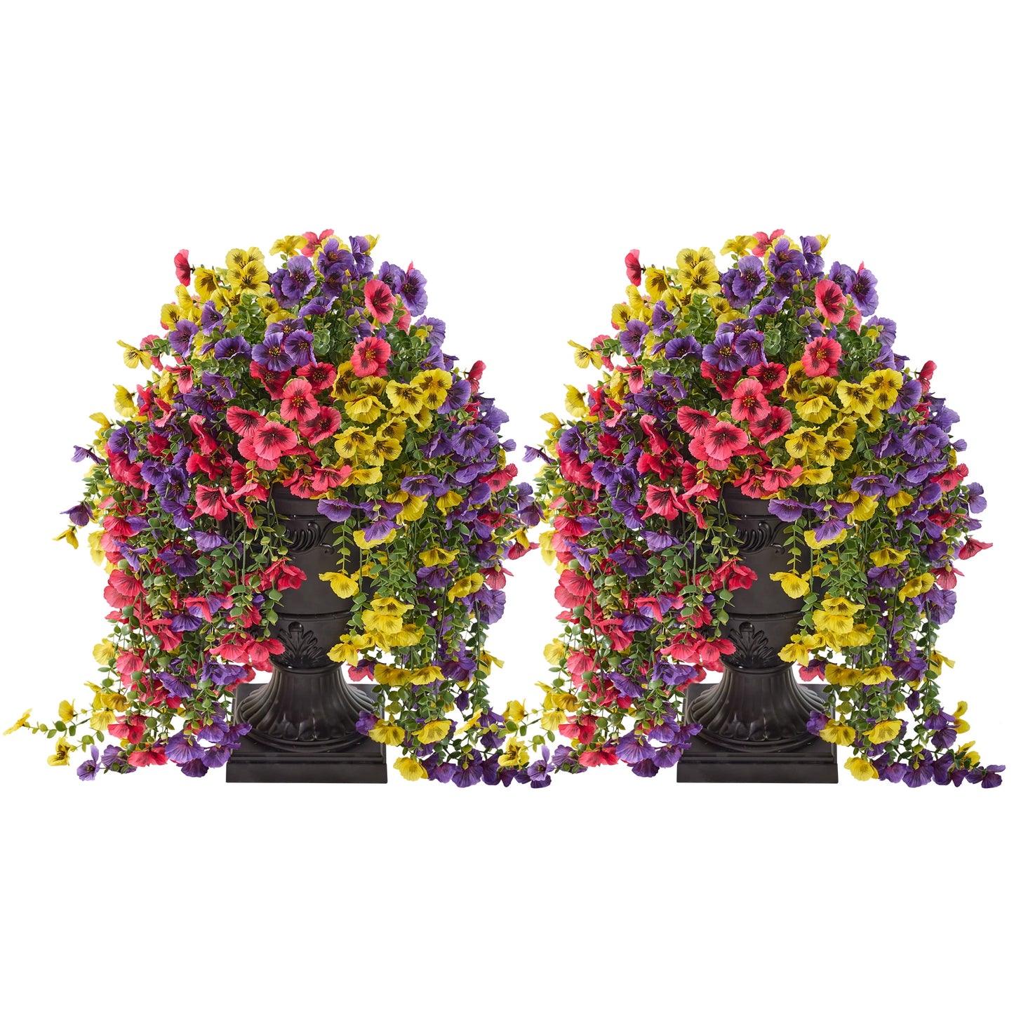 2 Pack 26in Artificial Pansy Flowers, Faux Hanging Flowers, Fake Outdoor Flowers, Pansy Arrangement - 660 Blooms in Black Urn Planter - Spring Decor for Covered Porch Patio Entryway