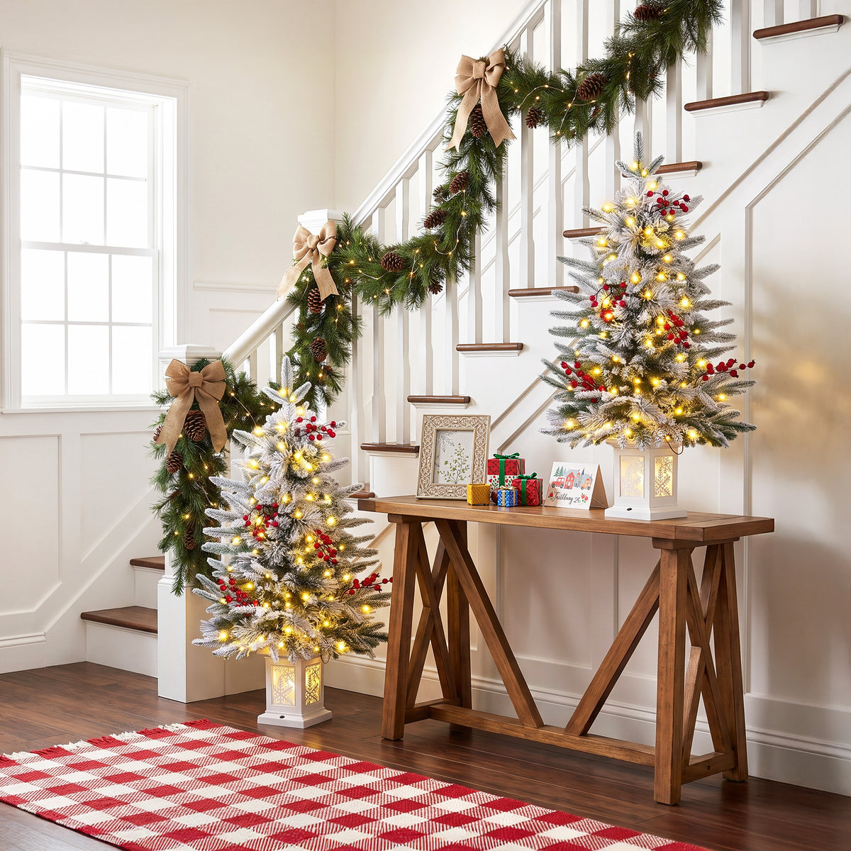 DR.Planzen 2-Pack 3FT Pre-Lit Artificial Christmas Trees, Warm White Lights, Red Berries and White Bases, Indoor Holiday Decorations