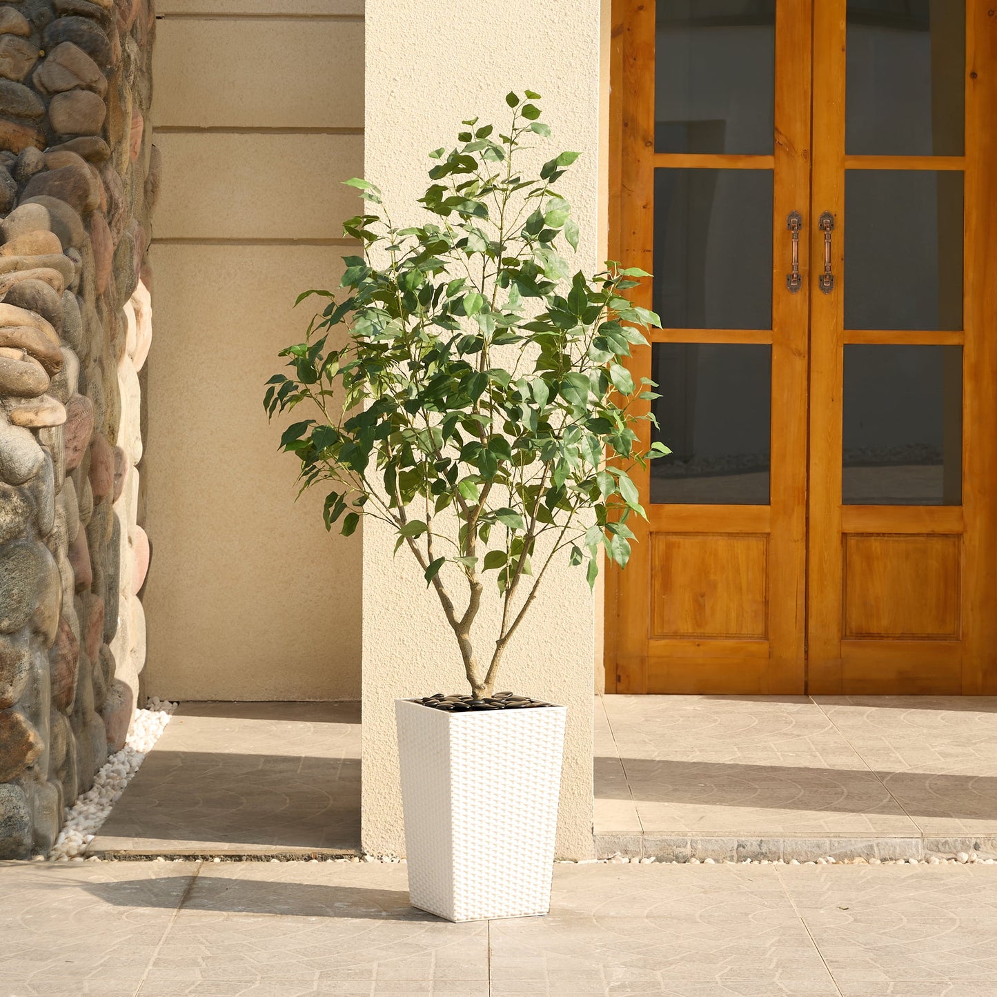DR.Planzen Artificial Ficus Tree 5ft - UV Protected Faux Ficus Plant with Adjustable Branches and Realistic Green Leaves for Indoor & Outdoor Decor, White Large Planter with River Rocks