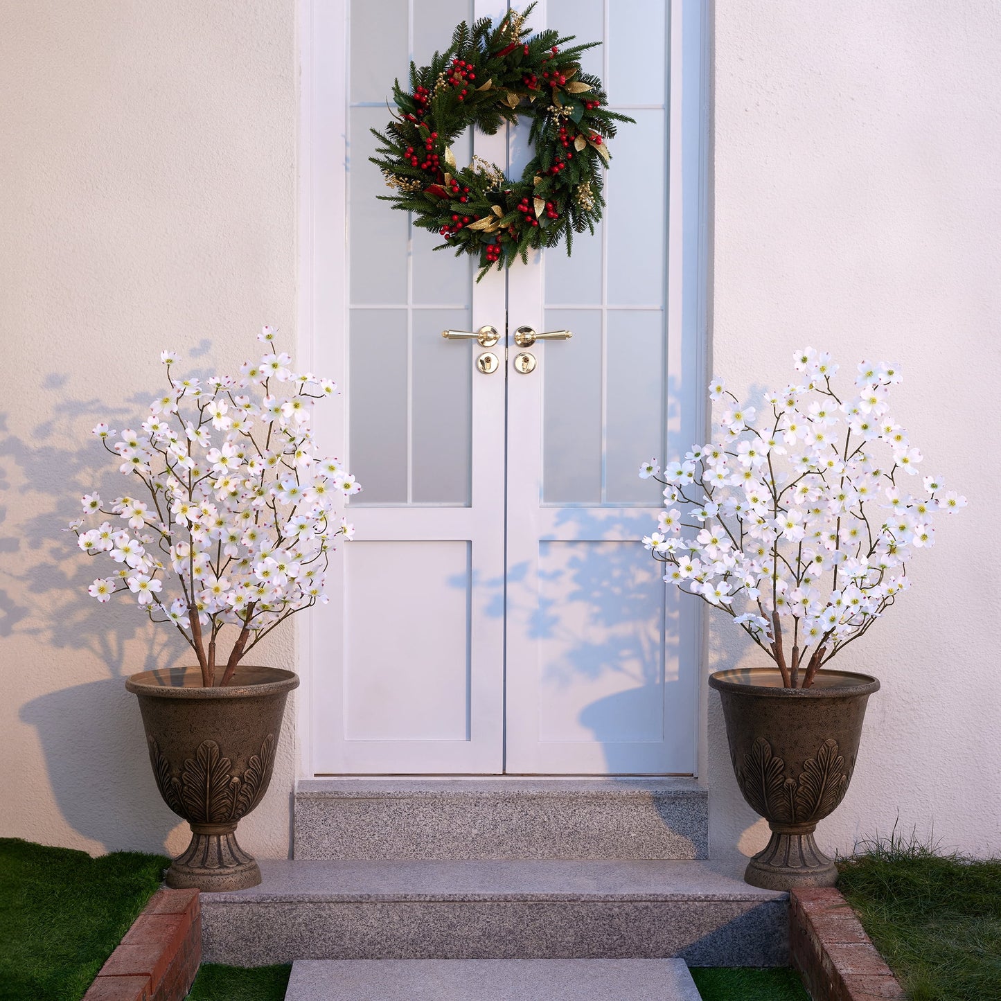 DR.Planzen 2 Pack 3ft Artificial White Dogwood Tree, Lifelike Faux Dogwood Flower Tree with Green Leaves for Home Decor Indoor Outdoor, Spring Decoration for Living Room Office
