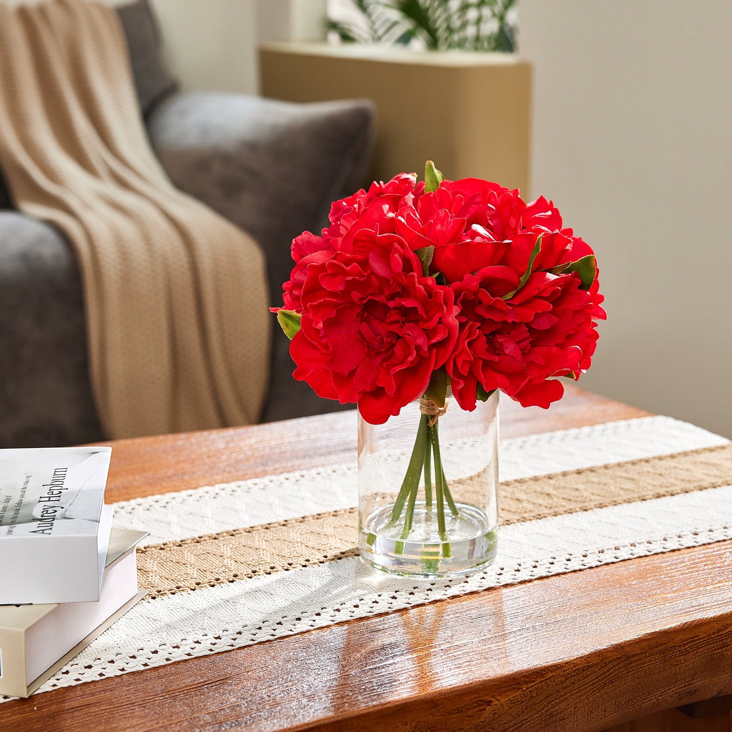 DR.Planzen Artificial Red Peony Bouquet in Cylinder Vase with Faux Water, 6 Stems with 6 Realistic White Peony Blooms, 10.6" Tall Ready-to-Use Home Office Centerpiece Decor
