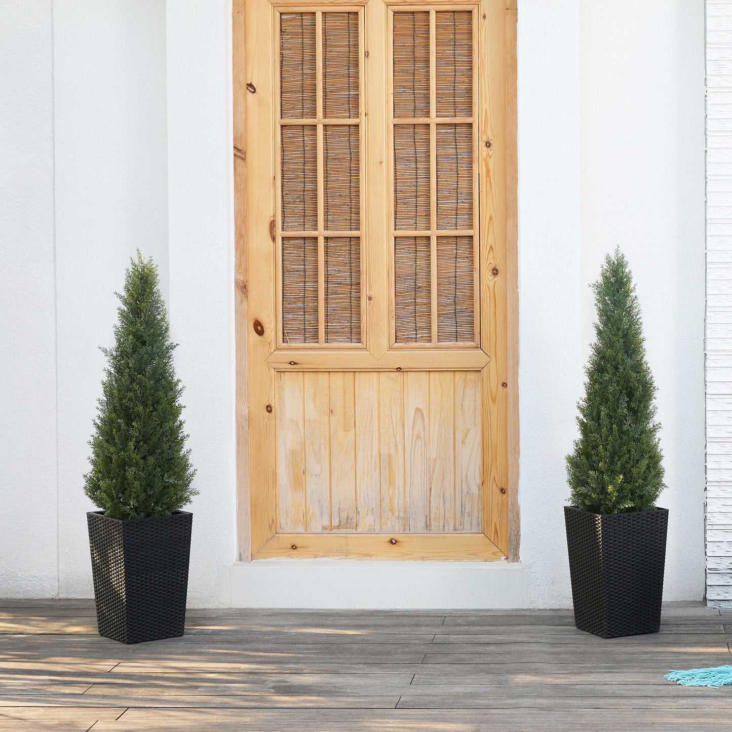 DR.Planzen 4ft Artificial Cedar Topiary Tree with Black Planter - UV Resistant Faux Cypress Tree for Porch Decor Fake Pine Tree for Perfect Housewarming Gift
