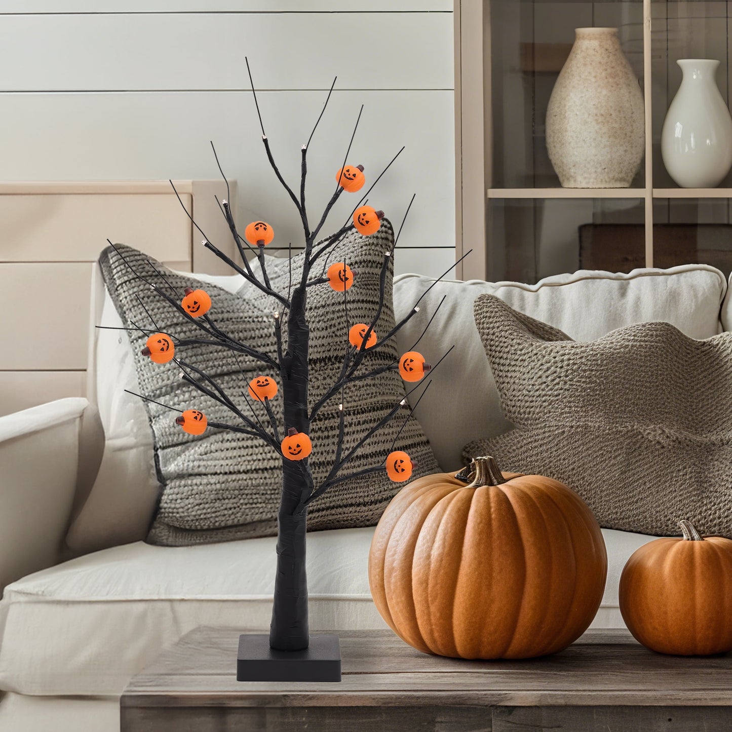 2FT Light-Up Tree with 12 Glowing Pumpkin Ornaments - Black Tabletop Decor, Battery/USB Powered LED Display for Indoor Festive Parties