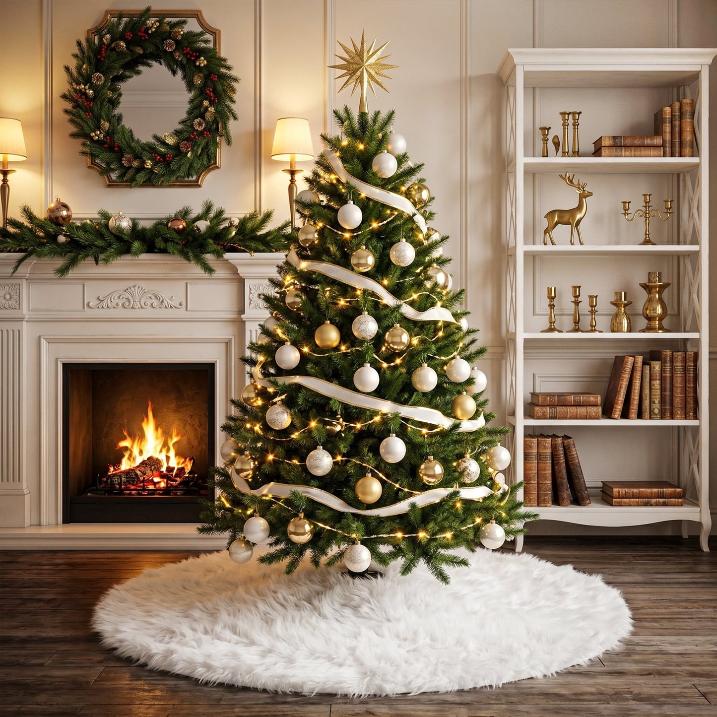 DR.Planzen 48-Inch White Flocked Christmas Tree Skirt, Soft Fuzzy Snowflake Holiday Mat with Hook & Loop Fasteners, Winter Wonderland Floor Cover for Indoor Xmas Decor
