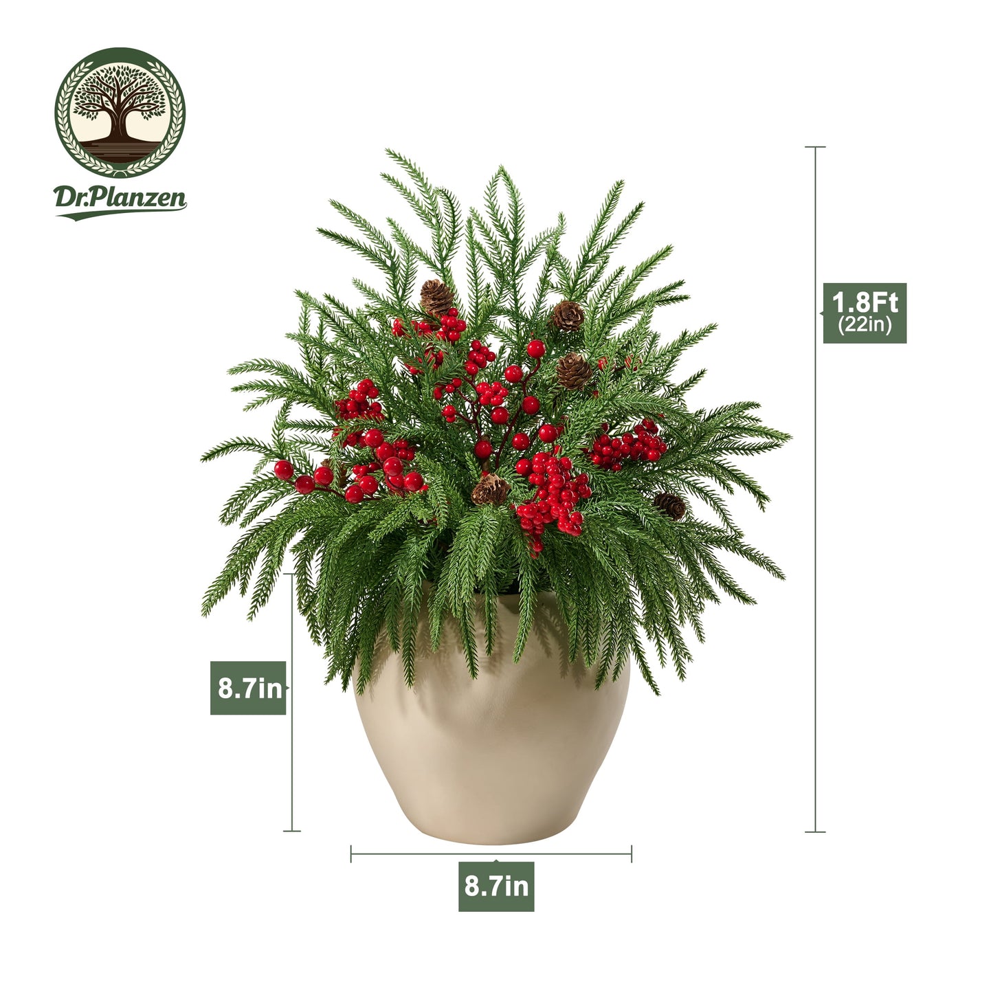DR.Planzen 22" Red Berry & Pinecone Artificial Christmas Plant in Decorative Pot, Realistic Norfolk Pine Centerpiece with 300 PE Leaves, Indoor Holiday Tabletop Decor
