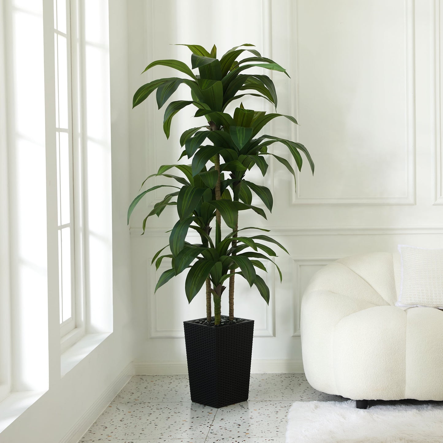 DR.Planzen Artificial Dracaena Tree 6ft - UV Protected Faux Dracaena Plant with 76 Green Leaves, Fake Tree for Indoor & Outdoor Use, Sturdy Tall White Planter with River Stones
