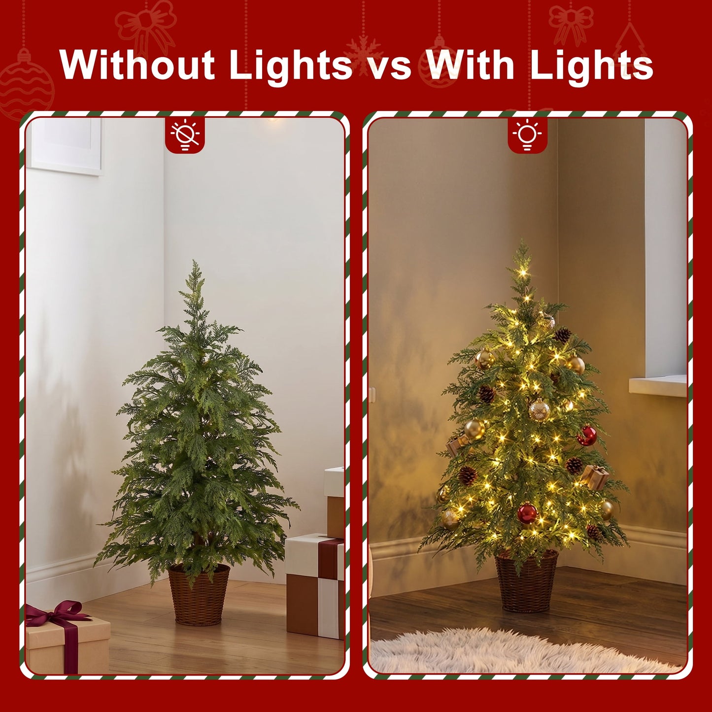 DR.Planzen 36" Pre-Lit Green Cypress Artificial Christmas Tree with 70 Warm White Twinkle LED Lights, Mini Tabletop Xmas Tree in Woven Basket Base, Indoor Desktop Holiday Decor