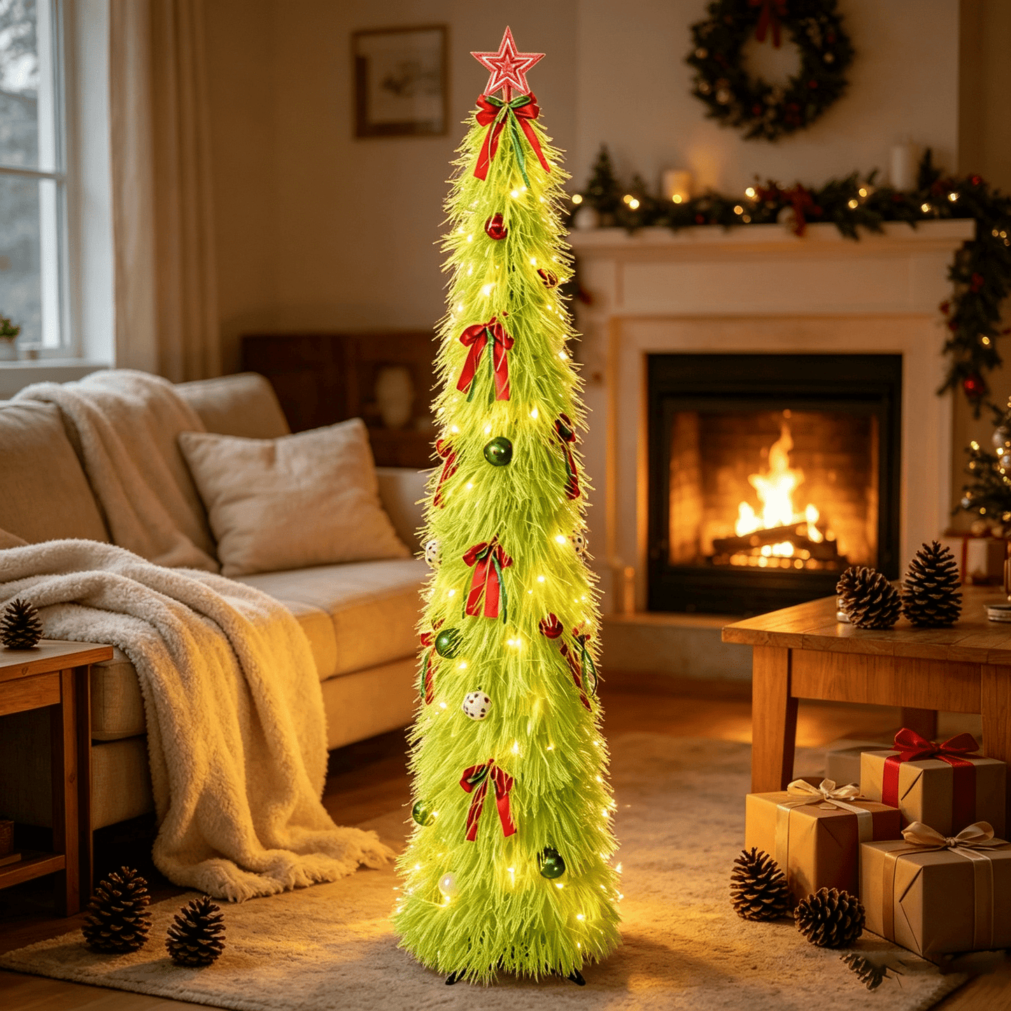 DR.Planzen 5ft Pop Up Christmas Tinsel Tree, Pre Lit Slim Christmas Tree, Green LED Pencil Tree with 50 Warm White Lights, Star Topper & Ornaments Set, Collapsible Holiday Decor
