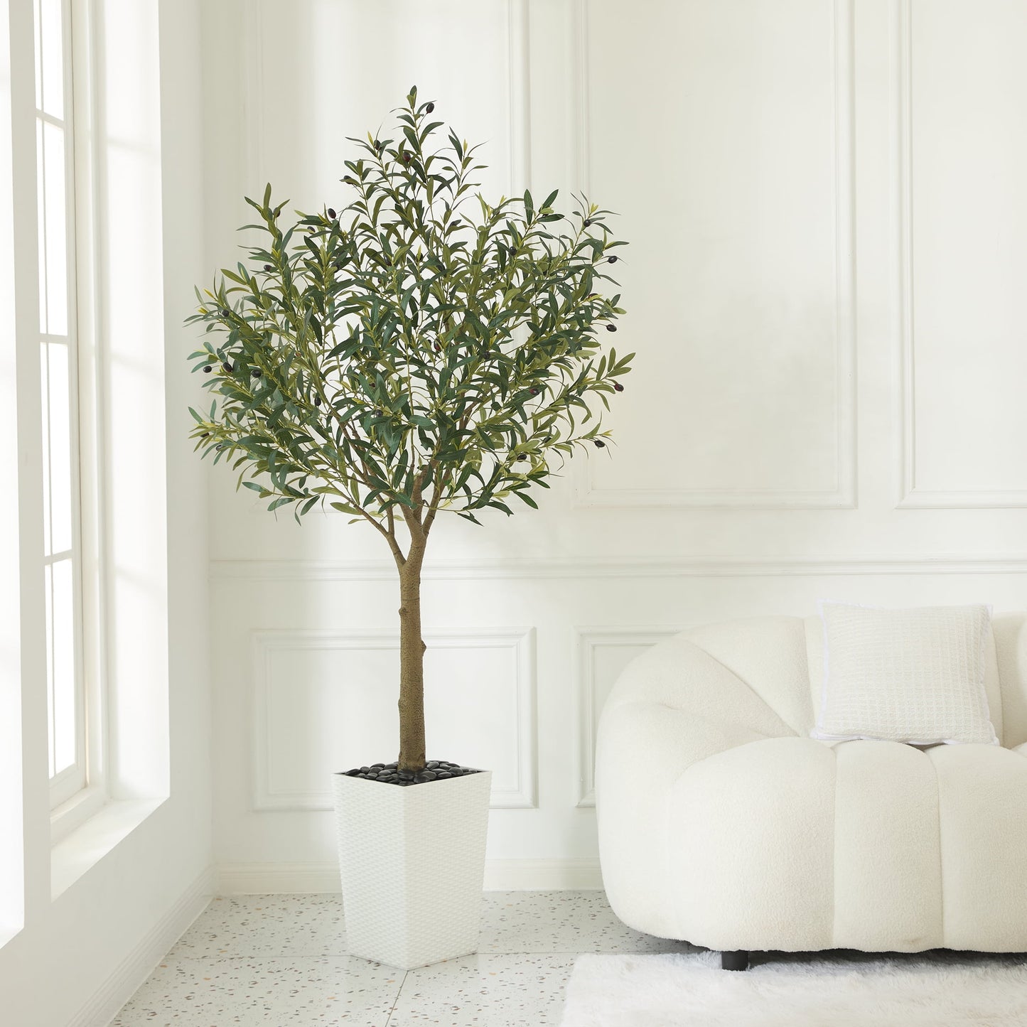 DR.Planzen UV Resistant 6ft Artificial Olive Tree in White Large Planter with Pebbles¨C Faux Olive Tree for Indoor and Outdoor Decor, Lifelike Greenery for Home & Garden Decor