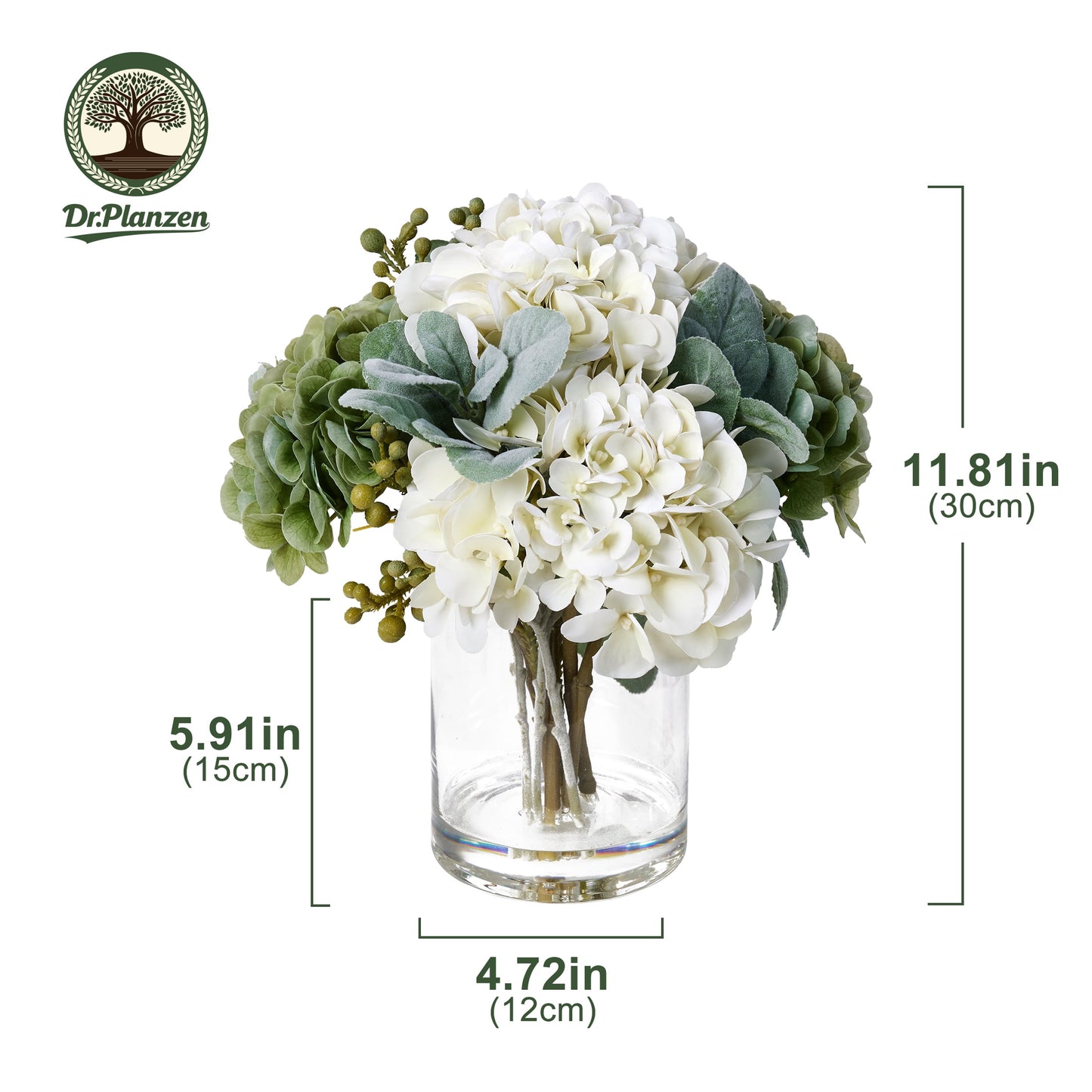DR.Planzen Artificial Hydrangea Arrangement in Glass Vase, 8 Branches with White Flowers & Green Fruit, 12" Low-Maintenance Floral Centerpiece for Tabletop Home Office Decor