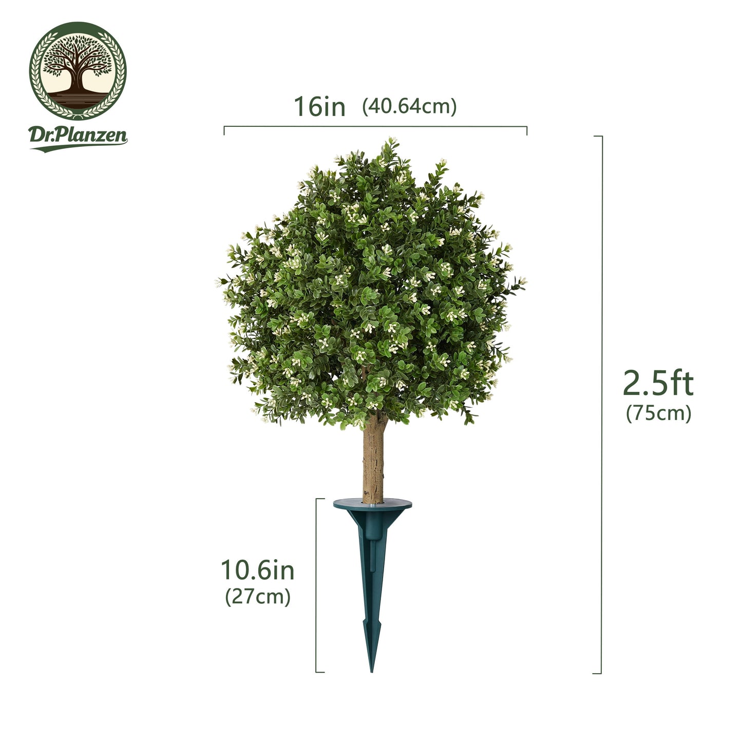DR.Planzen 2 Pack 16'' Artificial Boxwood Topiary Ball Plant with White Flowers, Fake Flowering Shrub with Ground Spike, UV Resistant Faux Outdoor Greenery for Garden Porch Decor