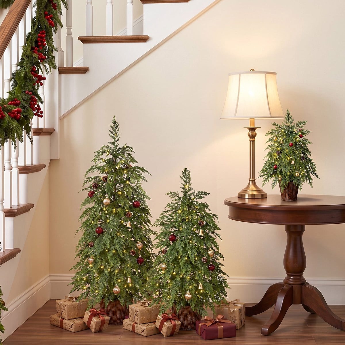 DR.Planzen 24/36/48 Inch Pre-Lit Cypress Topiary Set, 3 Pack Artificial Xmas Trees with Woven Baskets & Breathing LEDs, Indoor Home Decor